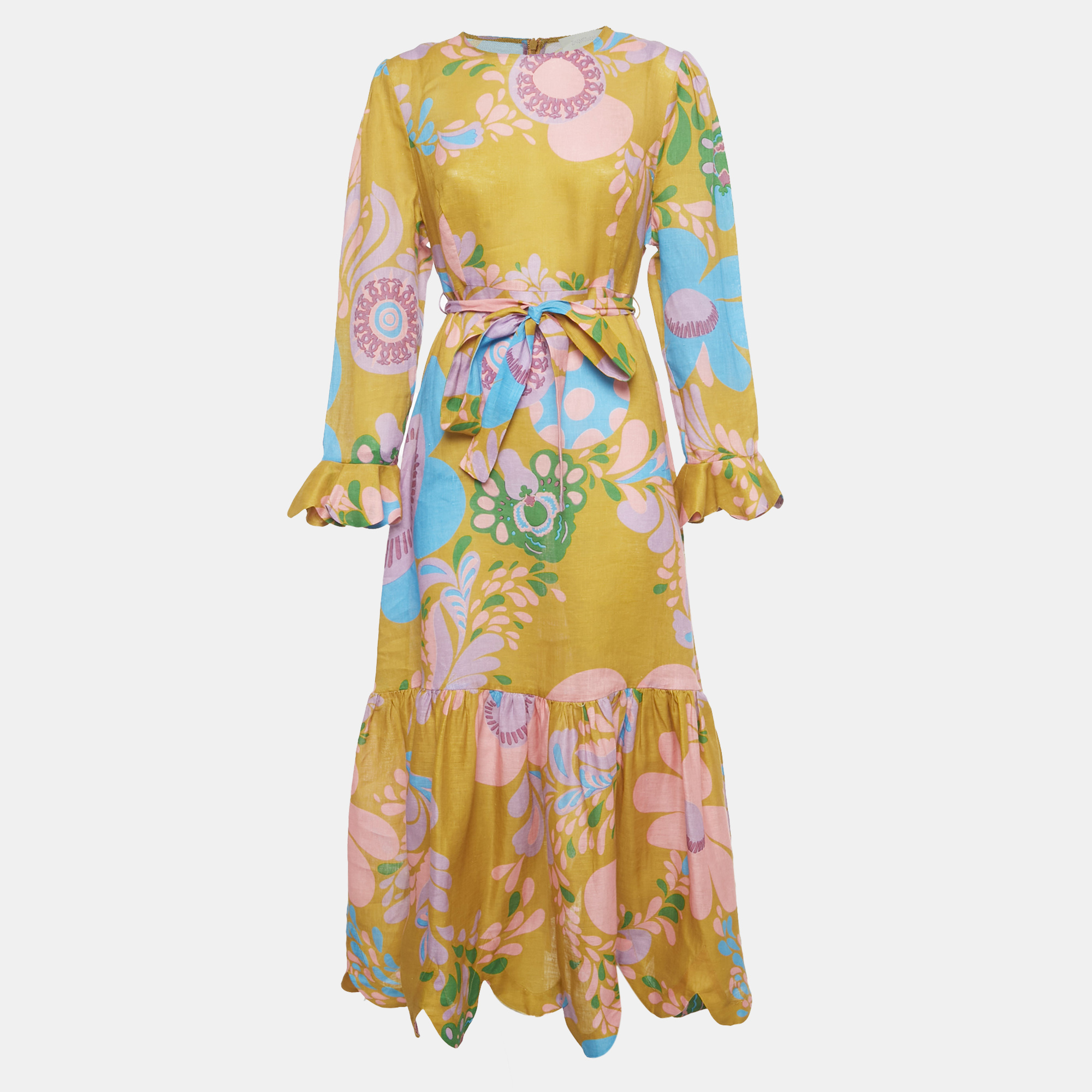 

Zimmermann Yellow Printed Linen Teddy Gathered Midi Dress L