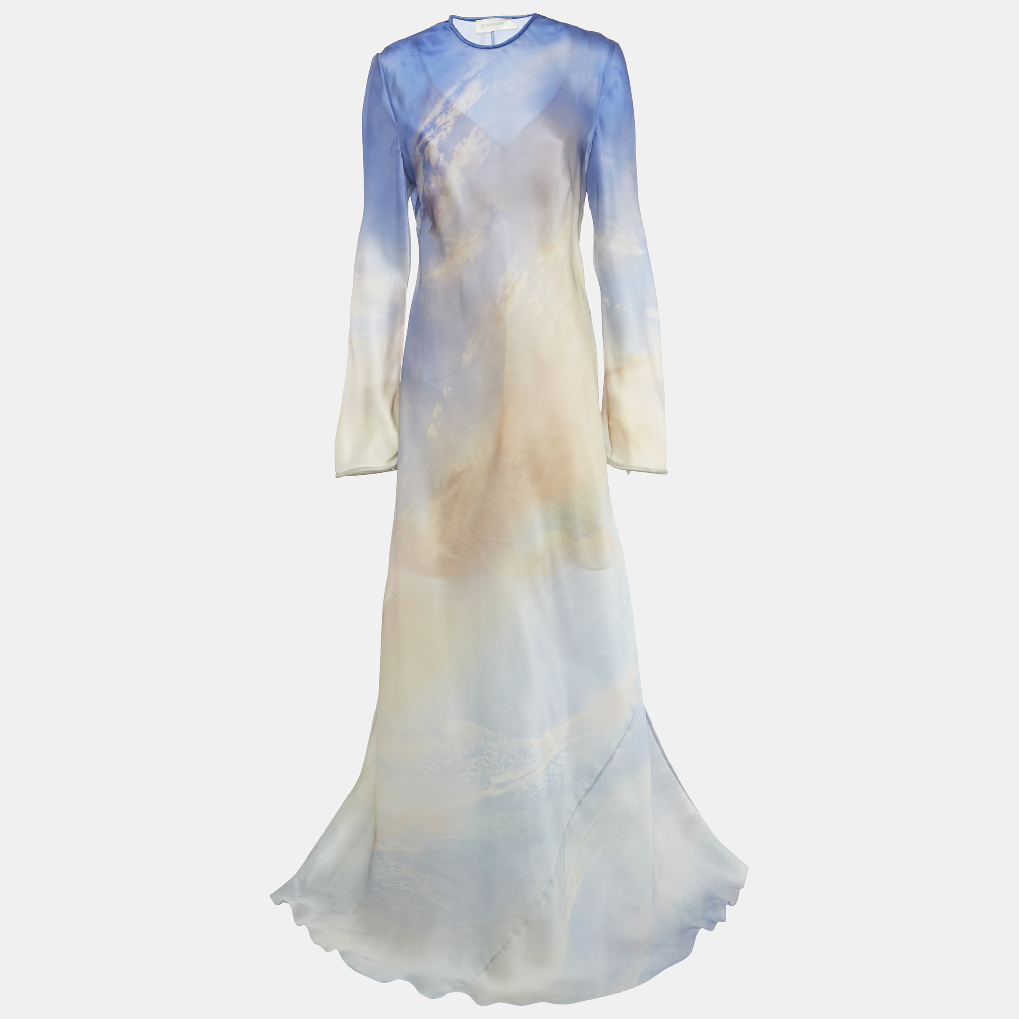 

Zimmermann Blue Watercolor Print Silk Tama Bias Slip Maxi Dress L
