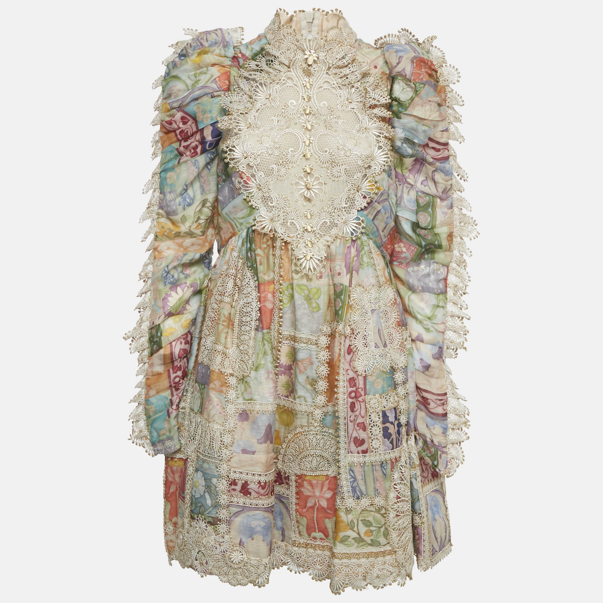 Pre-owned Zimmermann Multicolor Printed Linen And Silk Lace Trim Detail Short Dress L