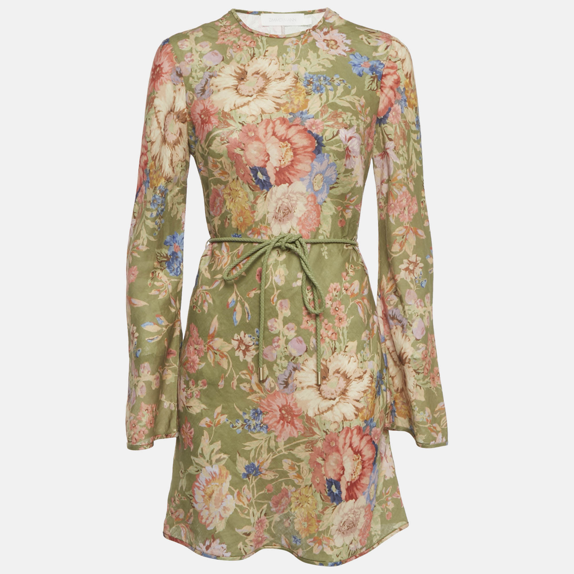 

Zimmermann Green/Multicolor Floral Print Linen Belted Mini Dress M