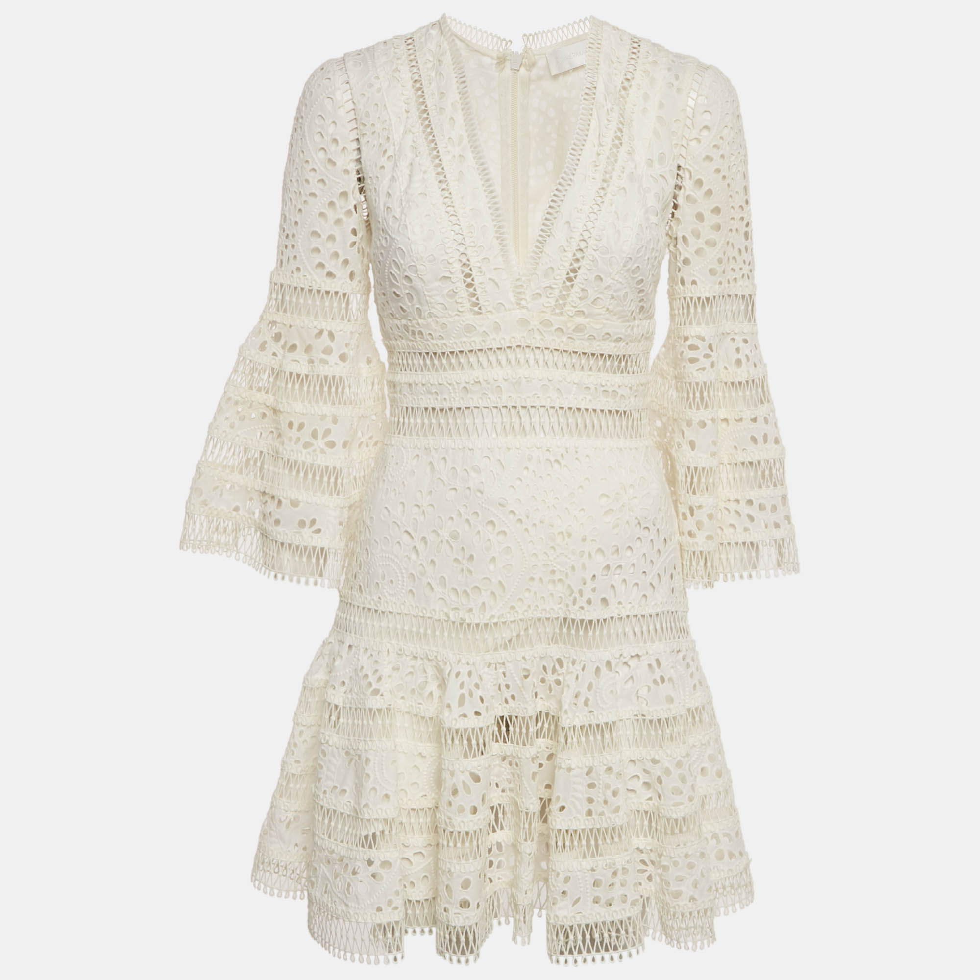 Zimmermann White Guipure Lace V-Neck Mini Dress S