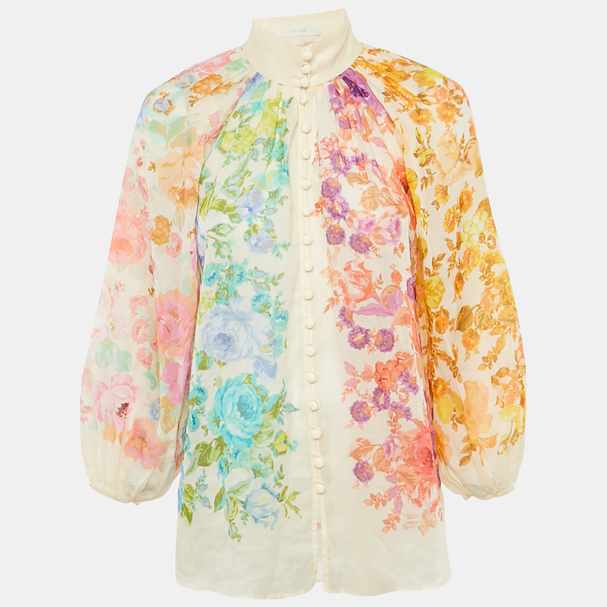 

Zimmermann Multicolor/Off-White Floral Print Ramie Raie Billow Blouse S