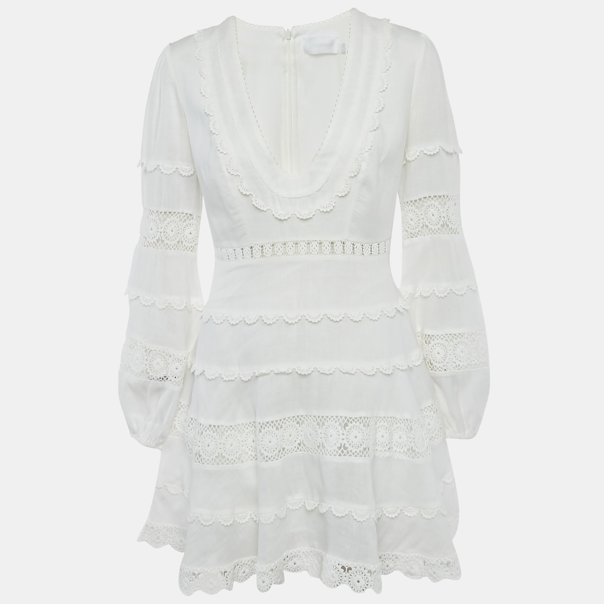 

Zimmermann White Linen Lace Trimmed Castile Plunge Neck Mini Dress M