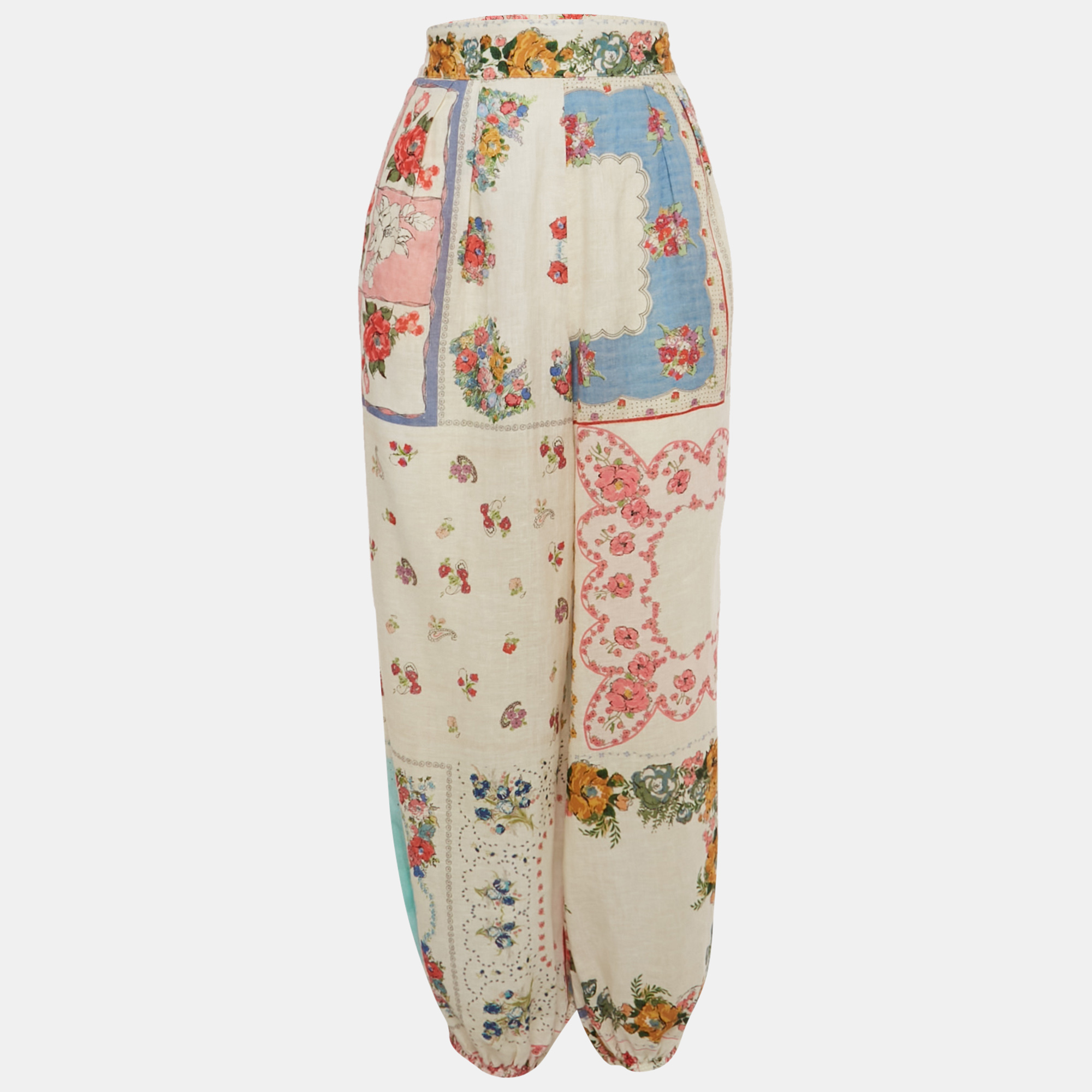 Pre-owned Zimmermann Multicolor Floral Print Clover Patchwork Linen Cuffed Trousers M