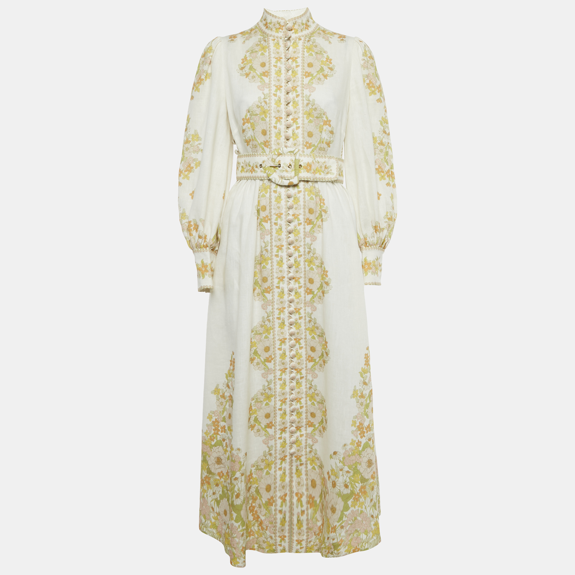 

Zimmermann White Floral Print Linen Belted Maxi Dress M
