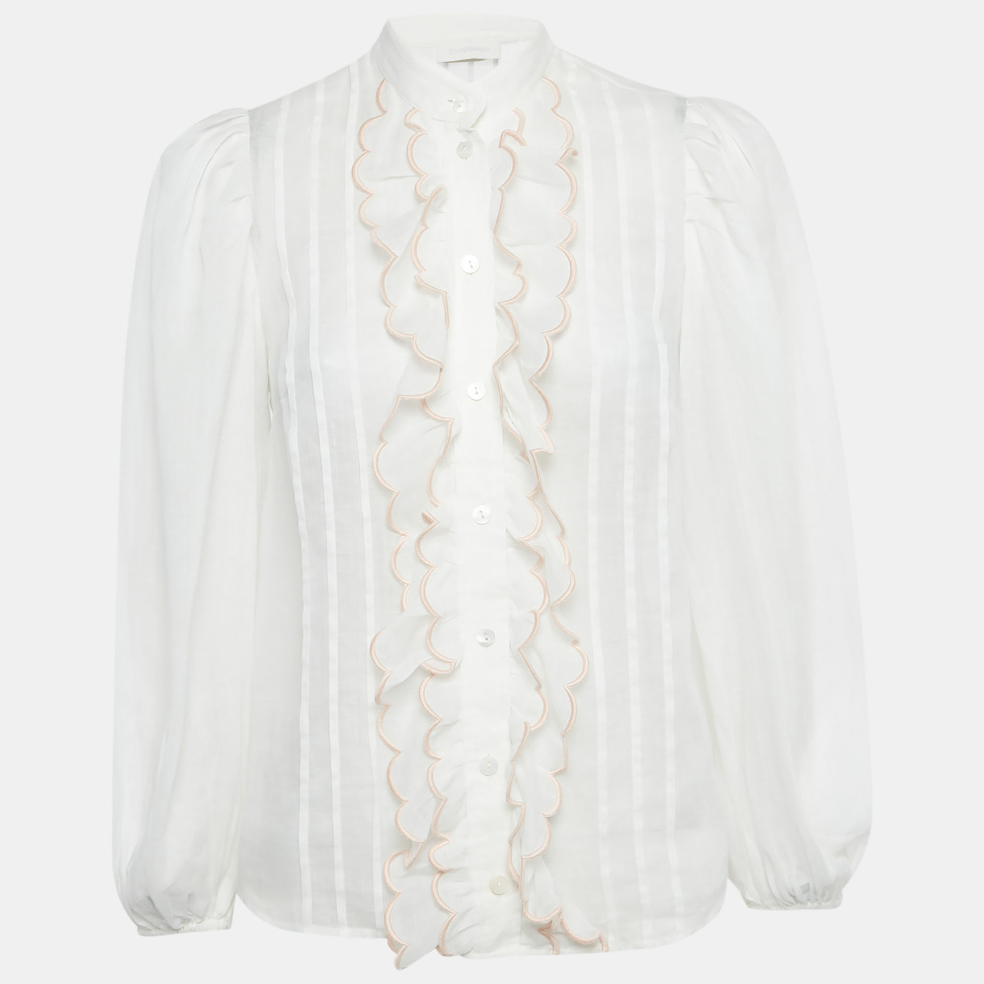 Zimmermann White Ramie Scallop Frill Detail Jude Shirt S