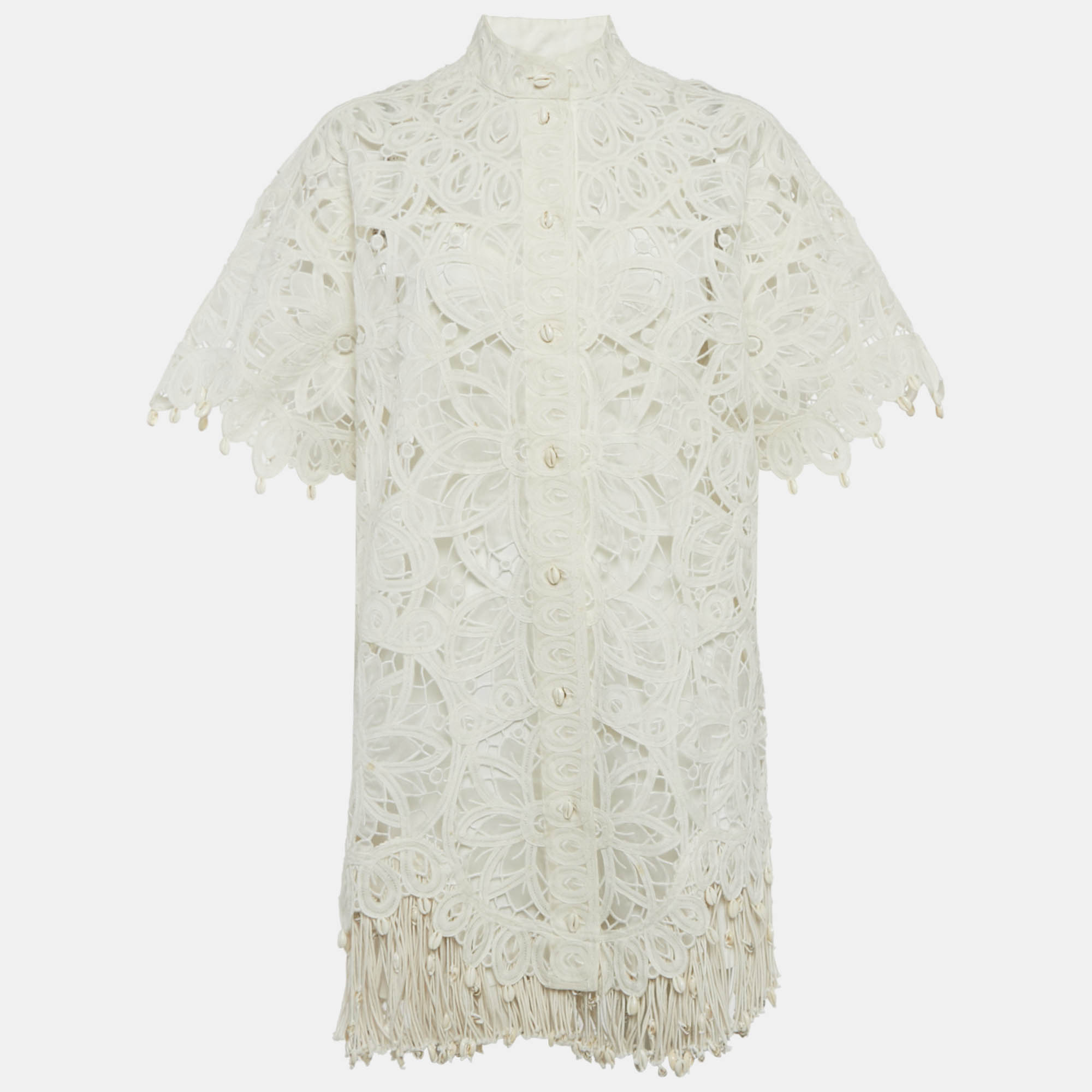 Pre-owned Zimmermann White Silk Lace Cut -out Wavelength Shirt Dress M