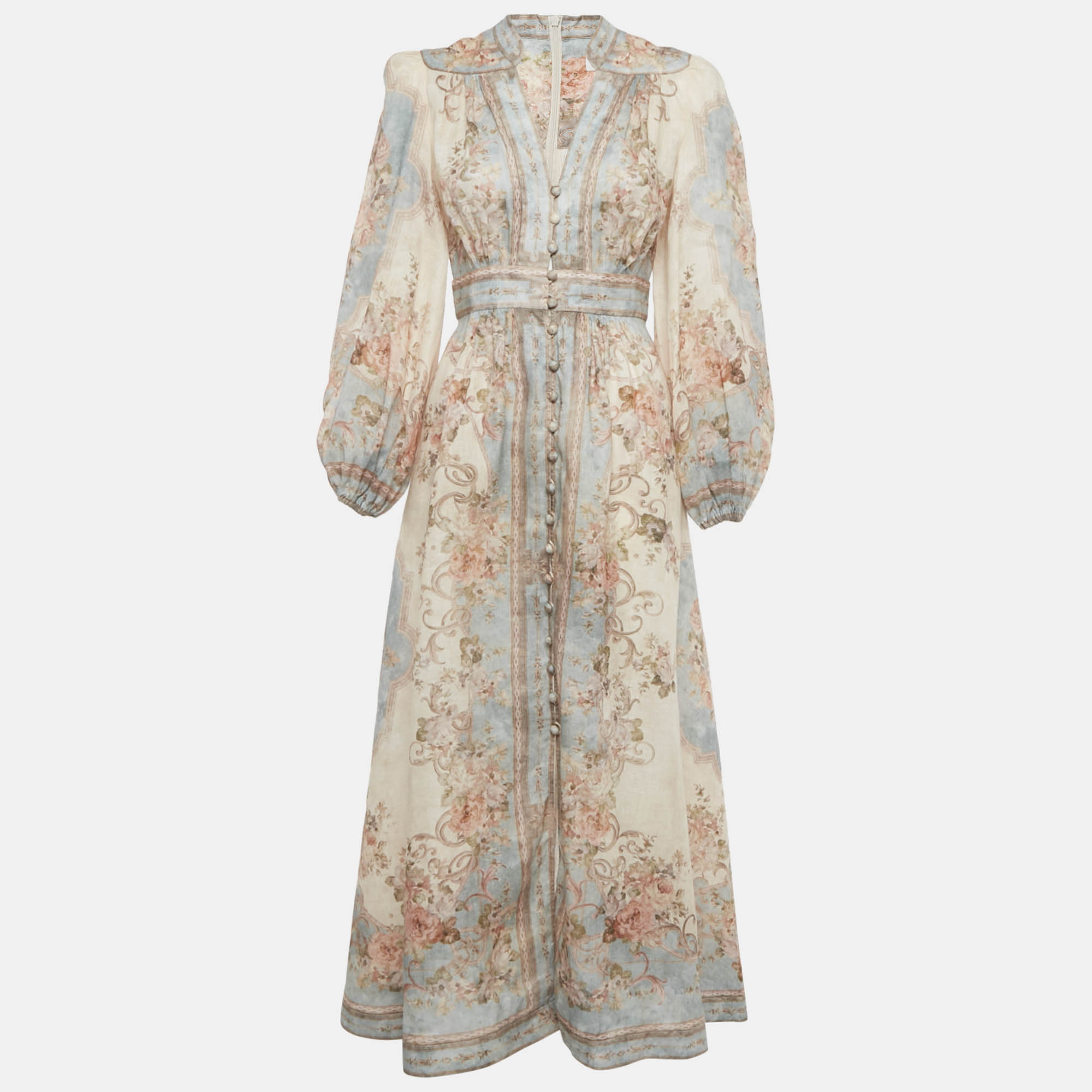 

Zimmermann Beige /Blue Printed Linen Plunge August Midi Dress M