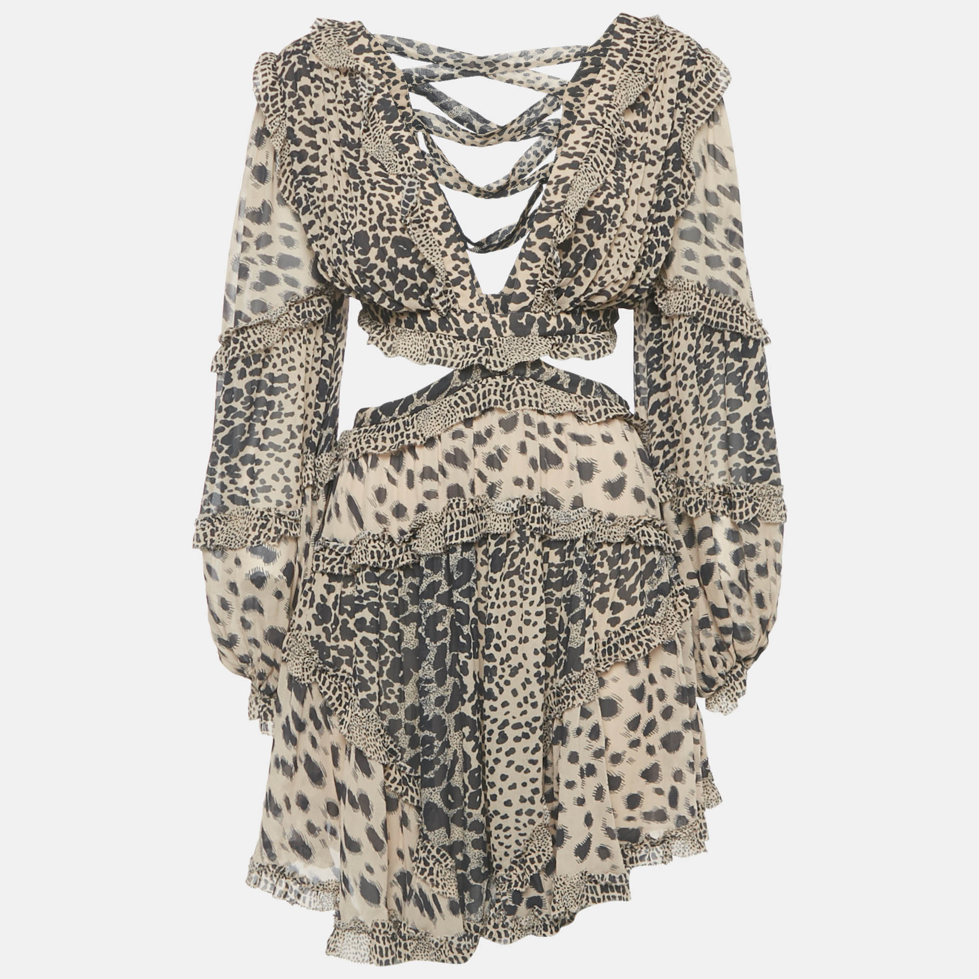 Pre-owned Zimmermann Beige Chiffon Leopard Print Cut-out Mini Dress M In Sand
