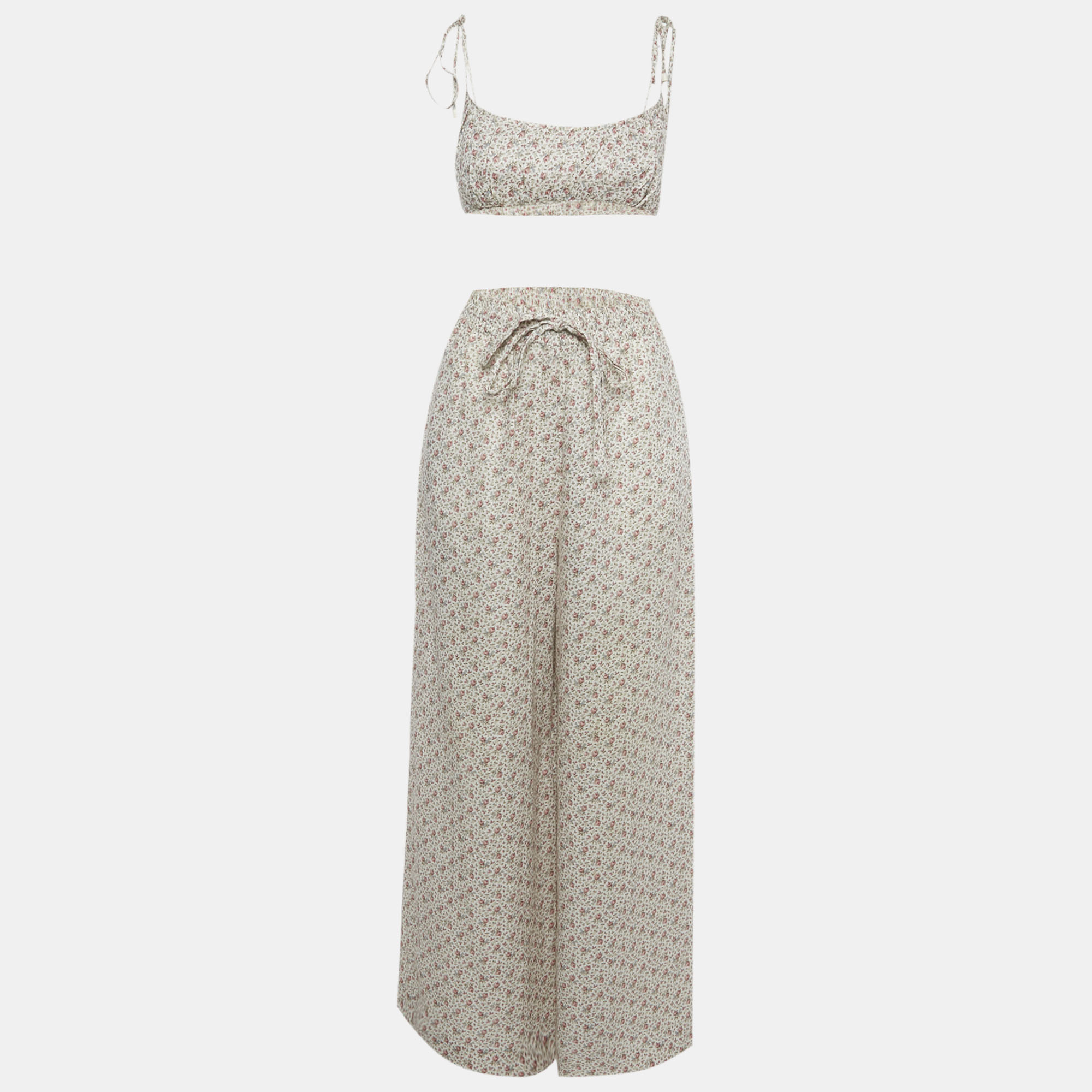 

Zimmermann Off White Floral Print Linen Crop Top & Pants Set M
