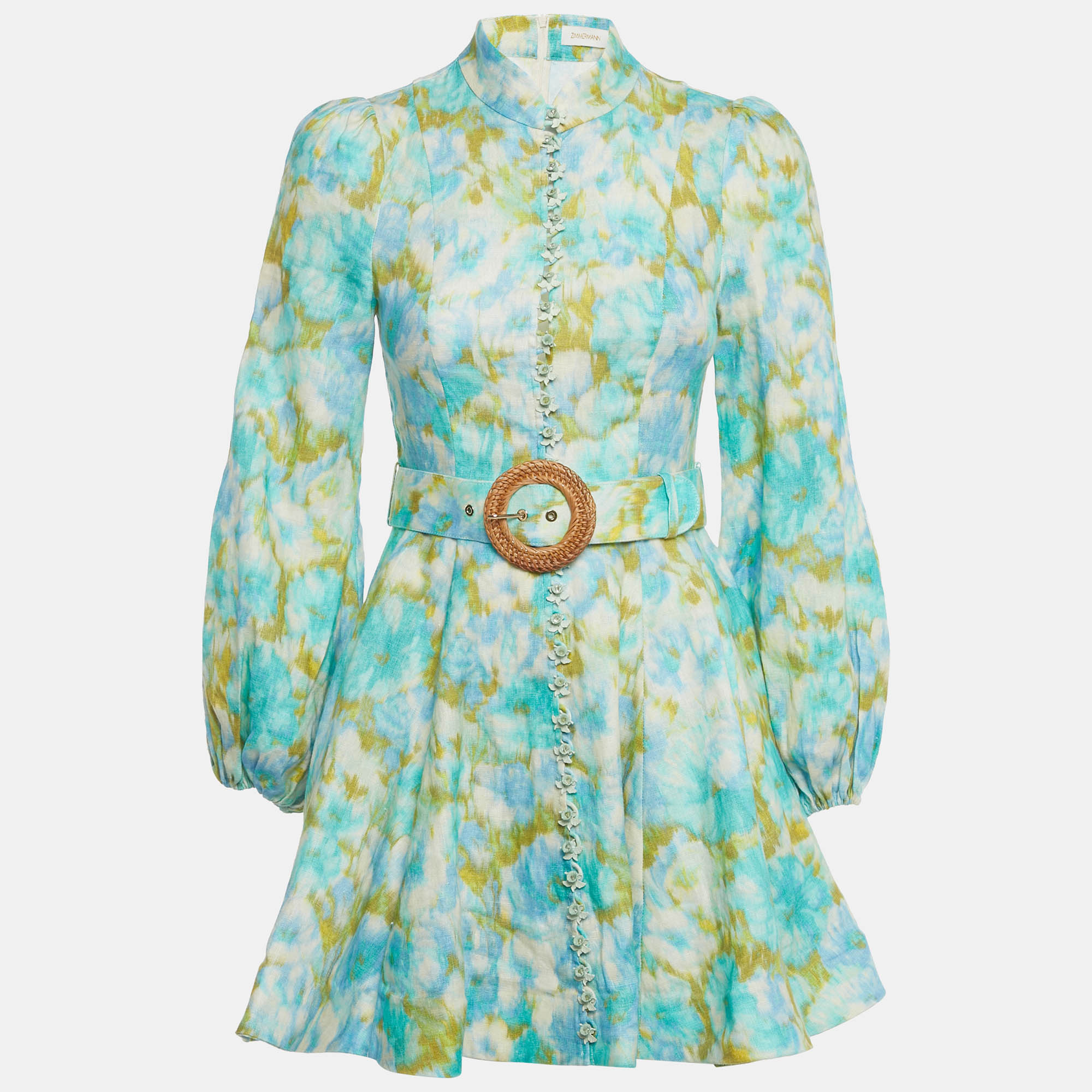 Pre-owned Zimmermann Multicolor Printed Linen Belted Mini Dress Xs