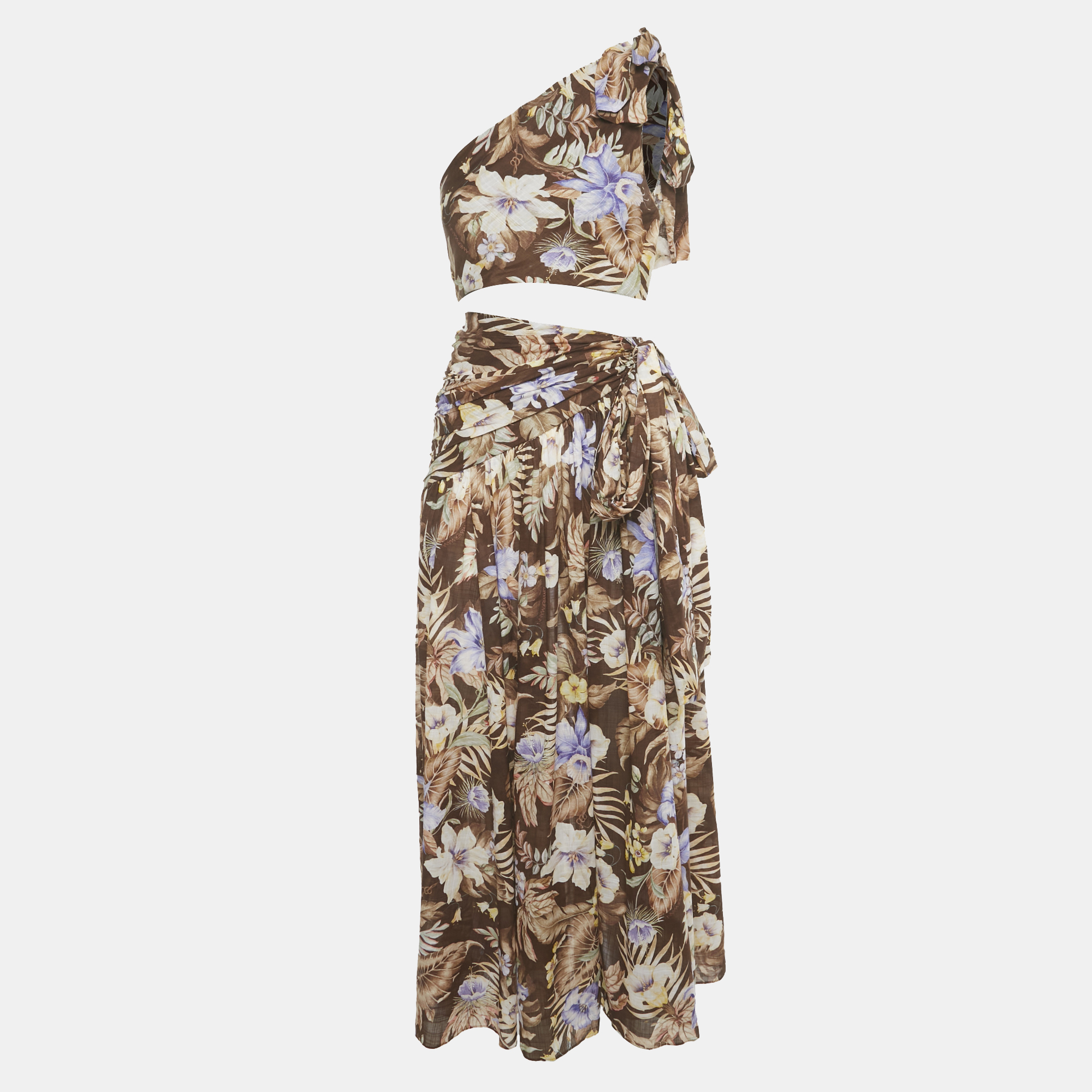 Pre-owned Zimmermann Brown Floral Print Cotton Coco Bow Crop Top &skirt Set S