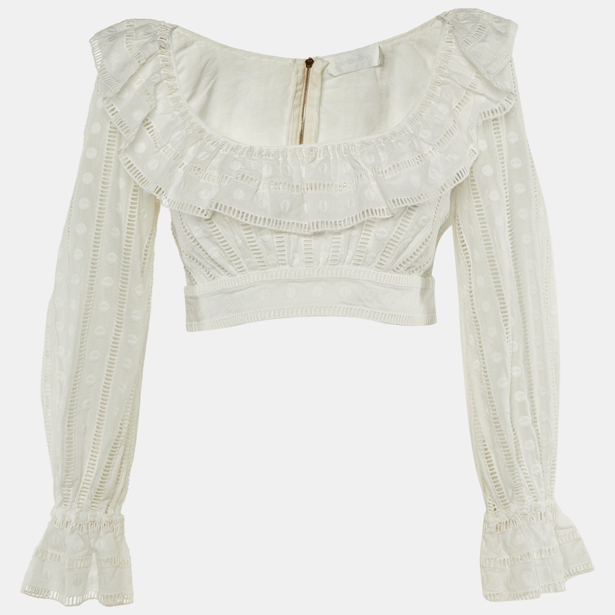 Pre-owned Zimmermann Ivory Broderie Anglaise Cotton Melody Ladder Crop Top M In White