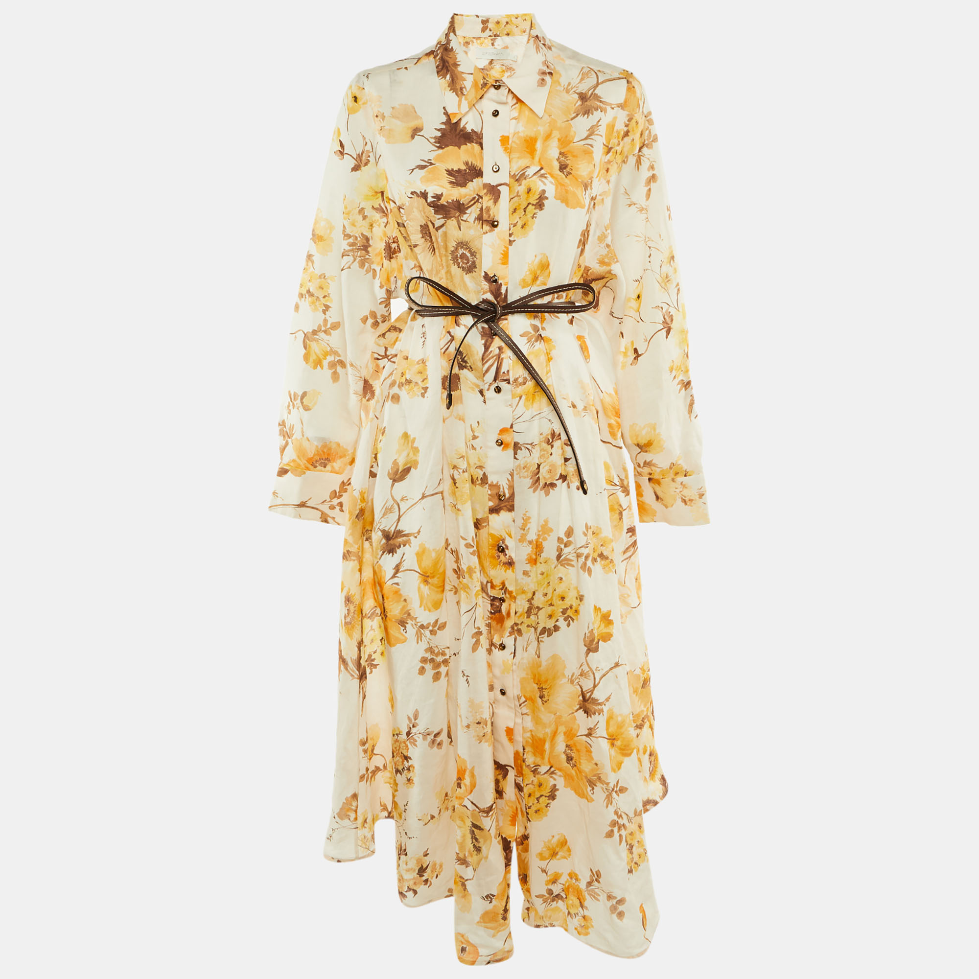 

Zimmermann Beige Floral Print Ramie Ottie Tuck Midi Shirt Dress L