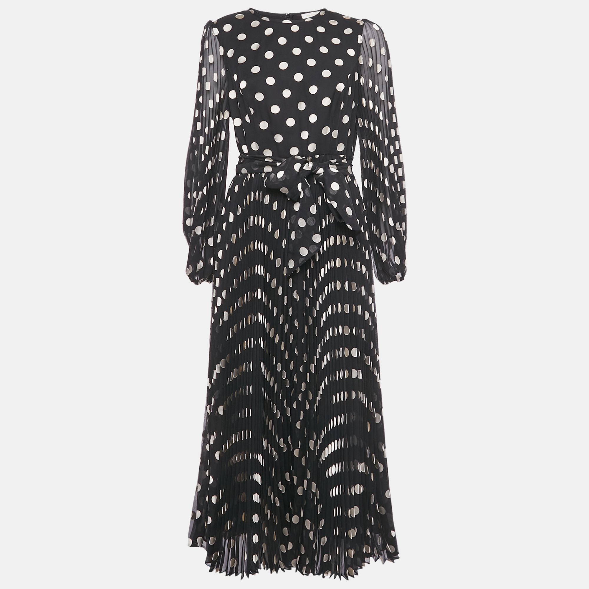 Pre-owned Zimmermann Black Polka Dot Crepe Plisse Sunray Midi Dress L