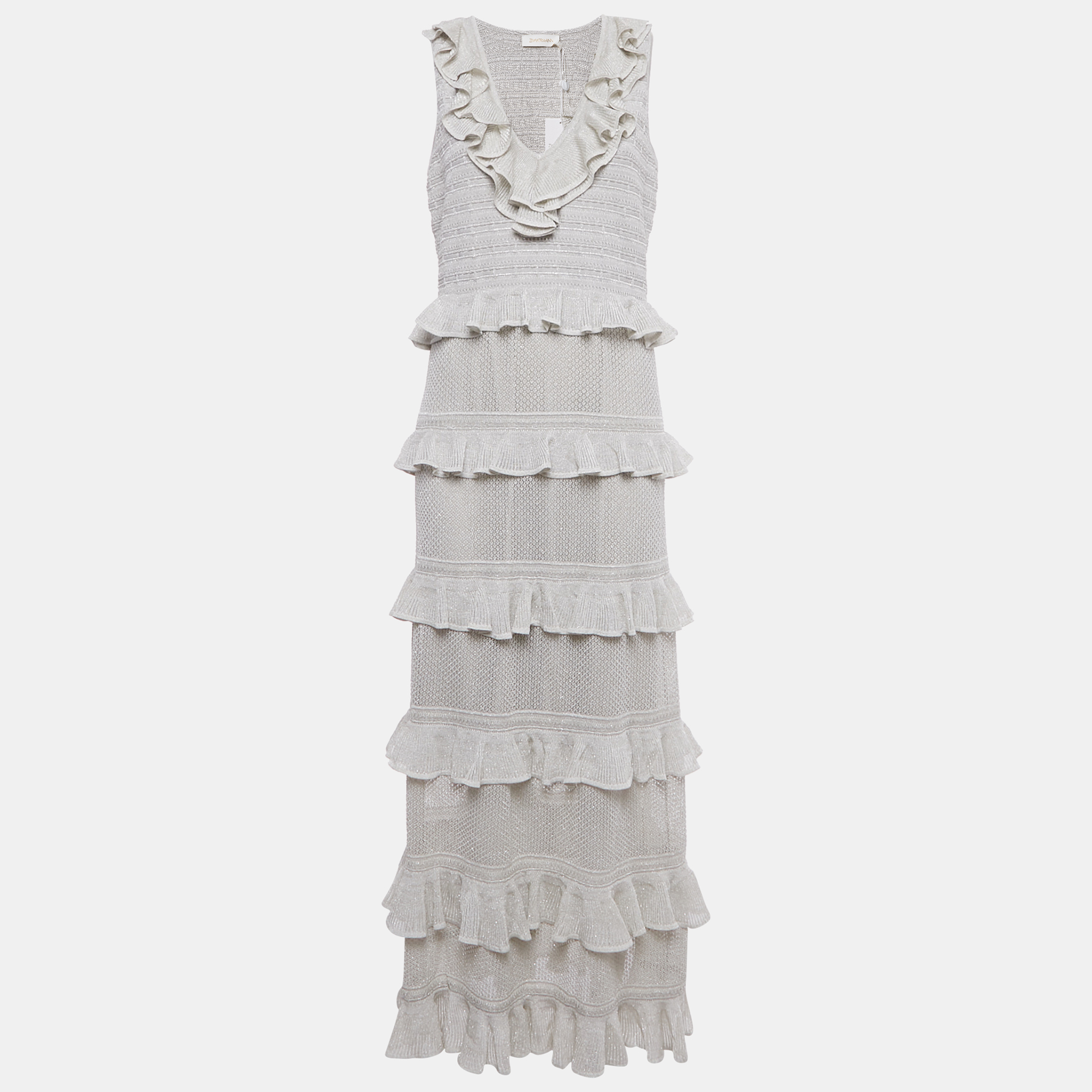 

Zimmermann Silver Lurex Knit Tiered Frill Midi Dress L