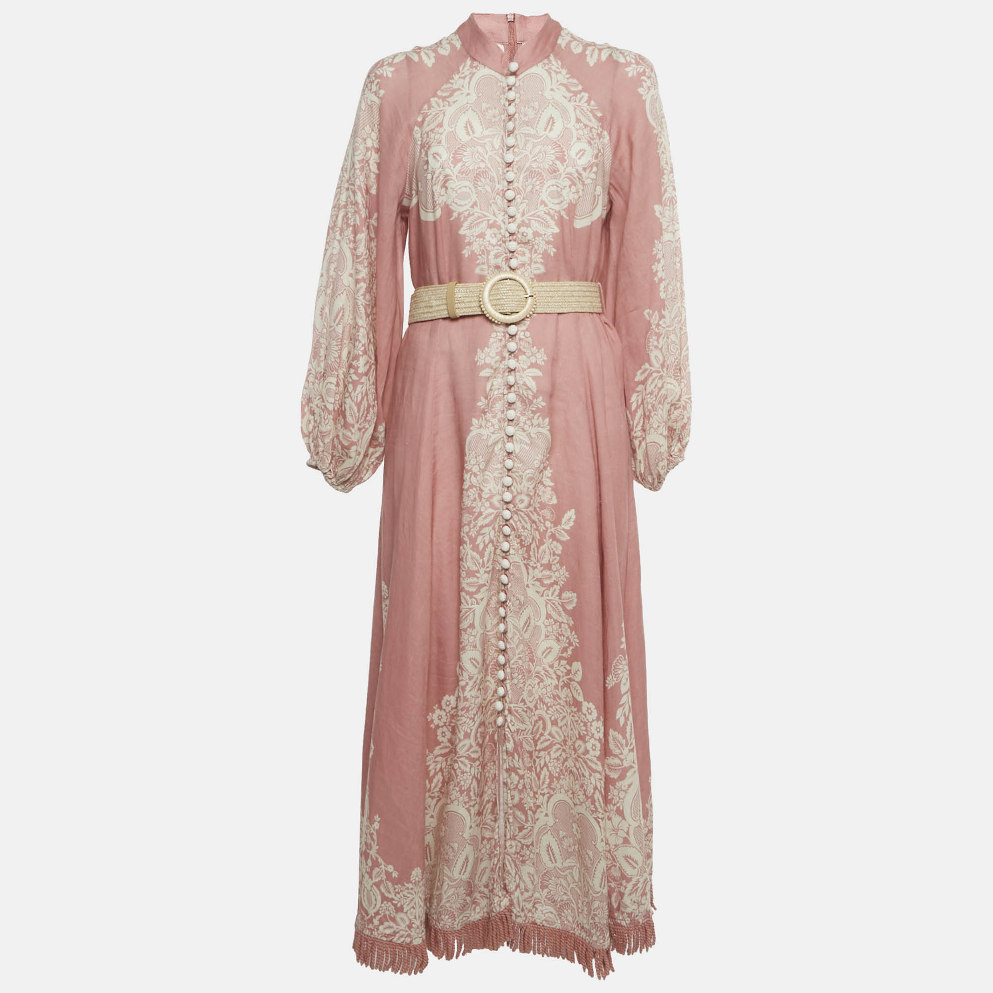 

Zimmermann Pink Floral Print Linen Belted Maxi Dress L