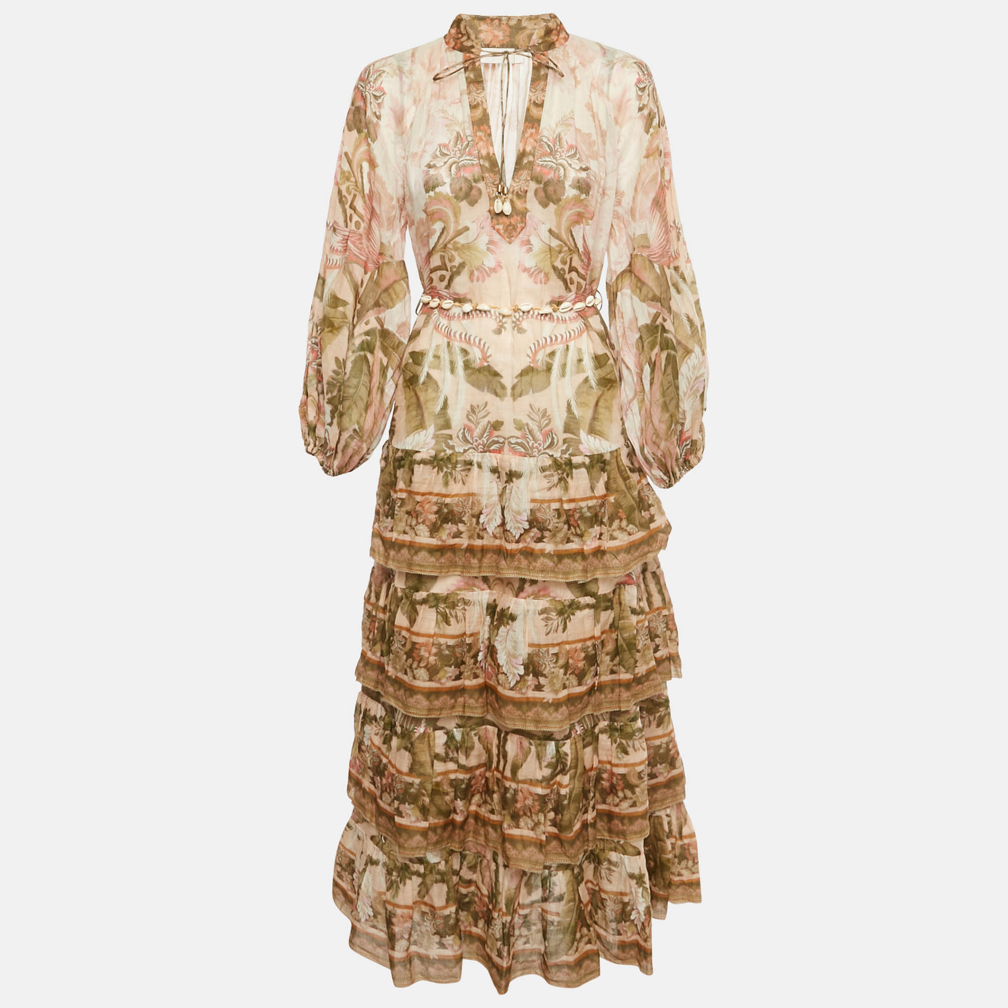 

Zimmermann Beige Floral Print Ramie Tiered Billow Lyre Midi Dress M