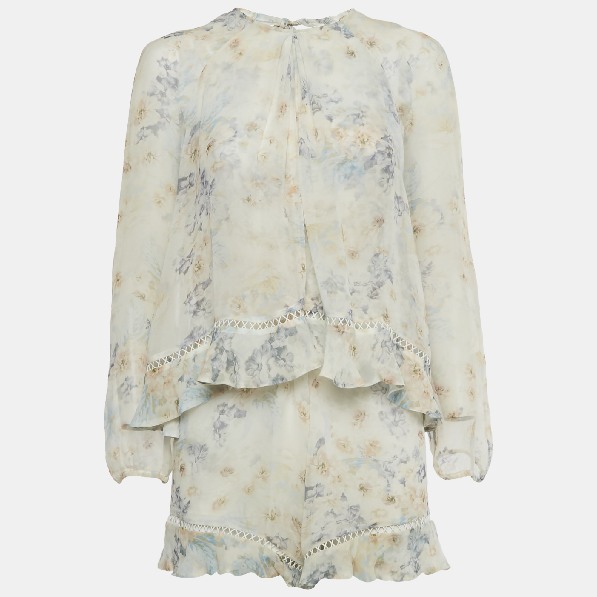 Pre-owned Zimmermann Cream Floral Print Silk Ruffled Playsuit S In White