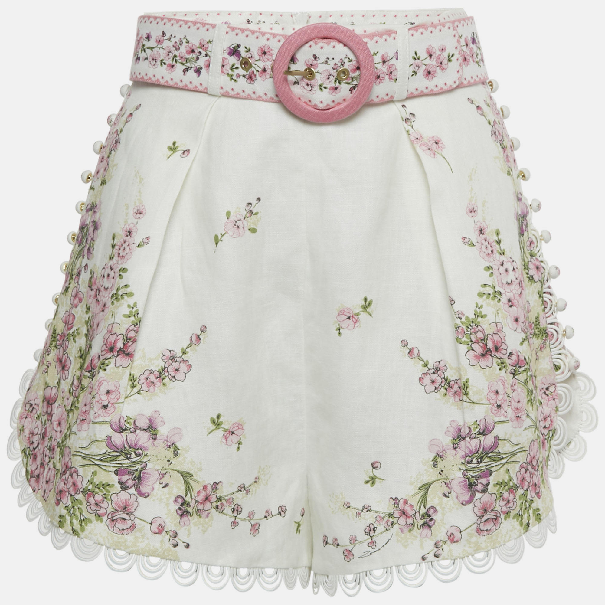

Zimmermann Pink/White Floral Print Linen Scallop Shorts M