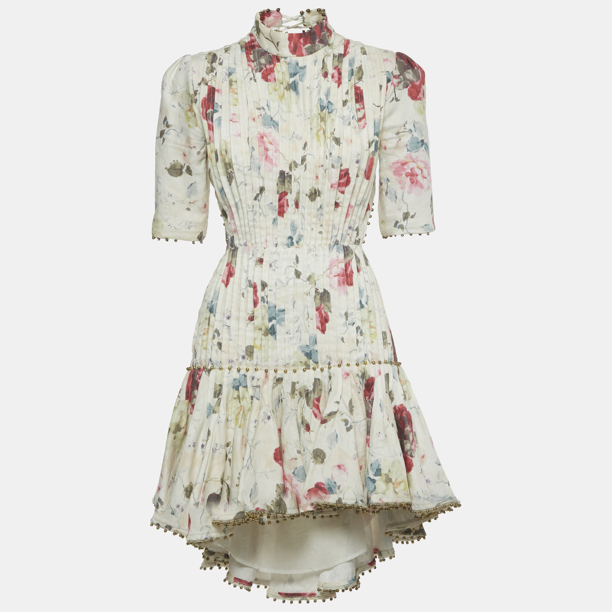 

Zimmermann White Floral Print Linen Lace-Up Mini Dress M