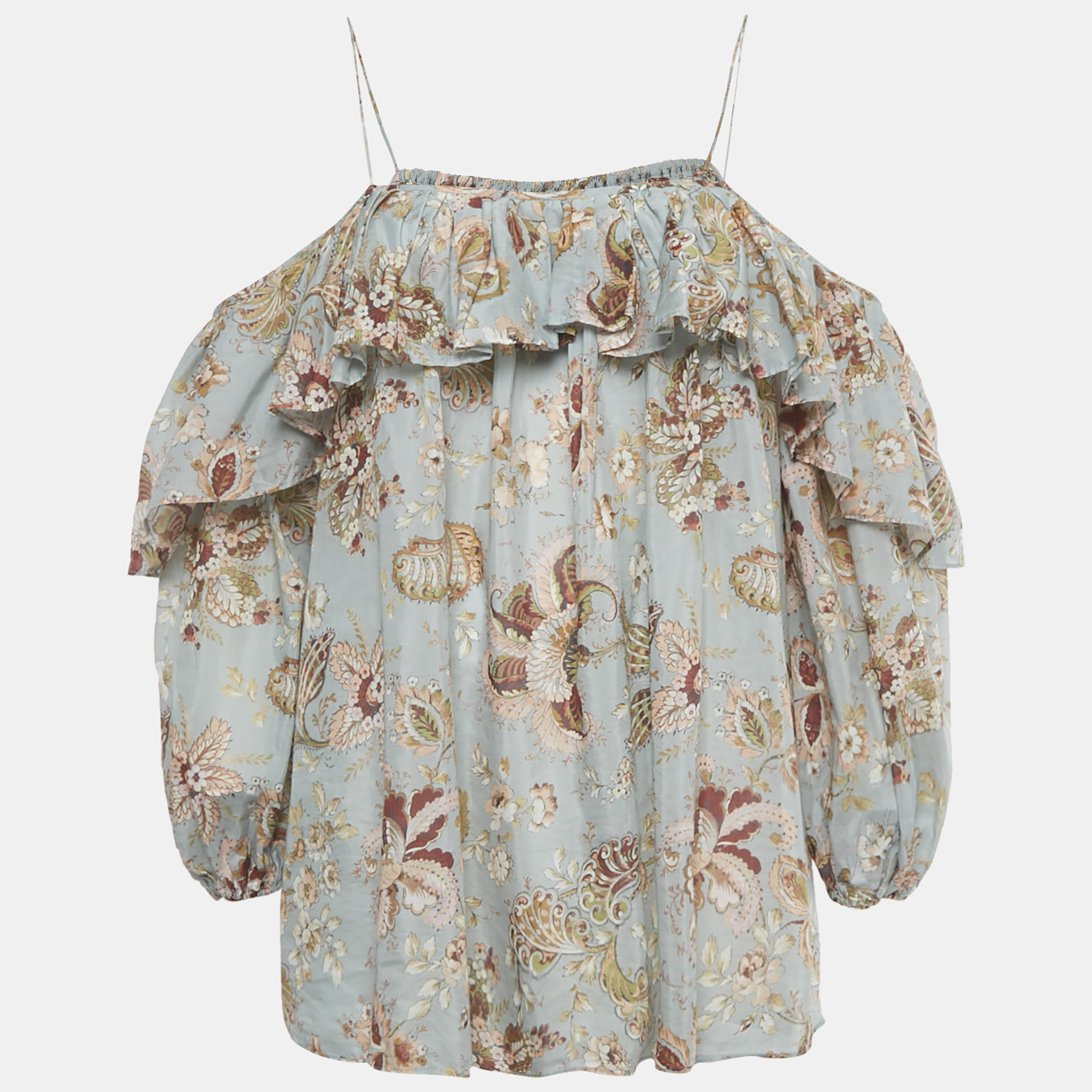 

Zimmermann Blue Floral Print Cotton Ruffled Blouse S