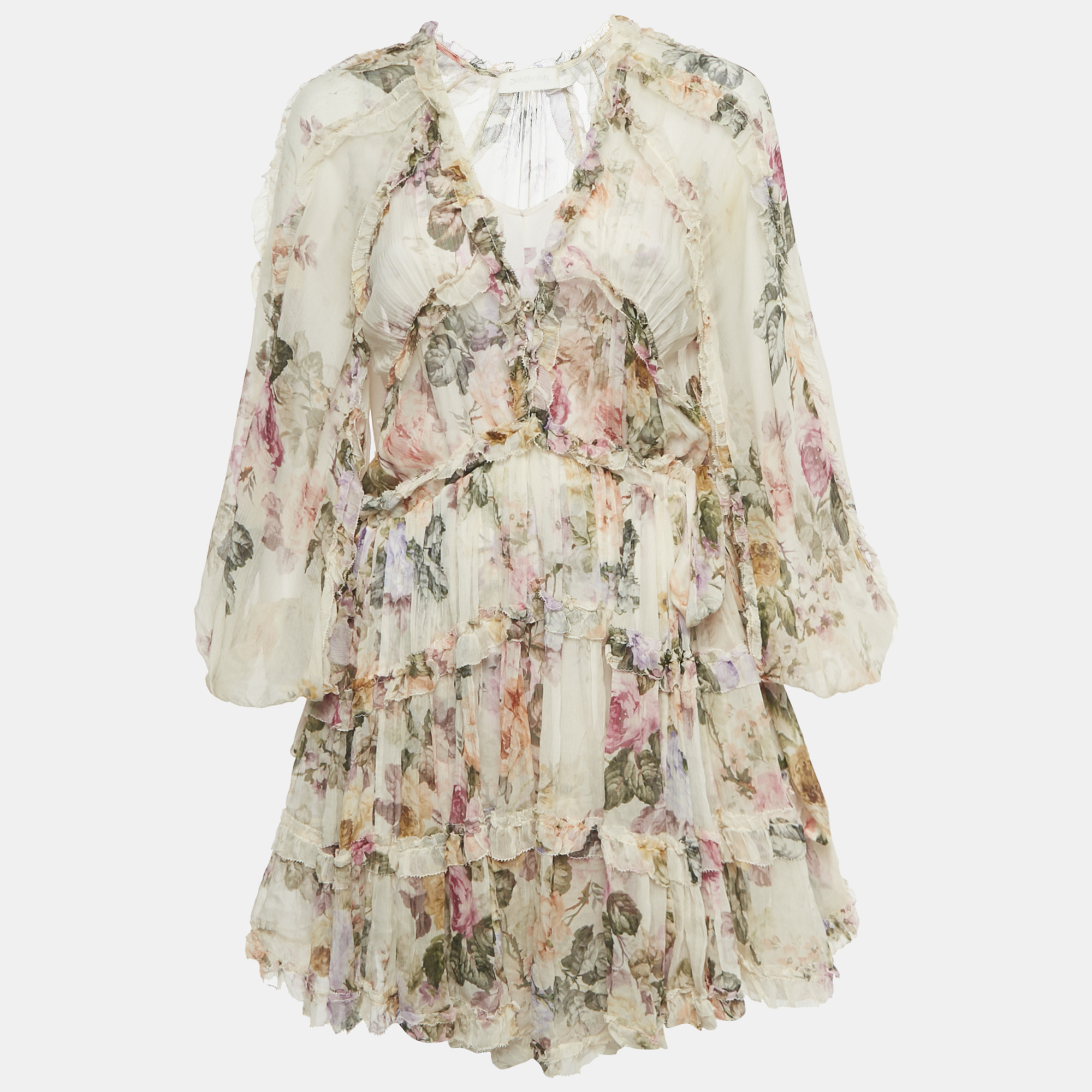 Pre-owned Zimmermann Beige Floral Print Silk Tiered Mini Dress S In Sand