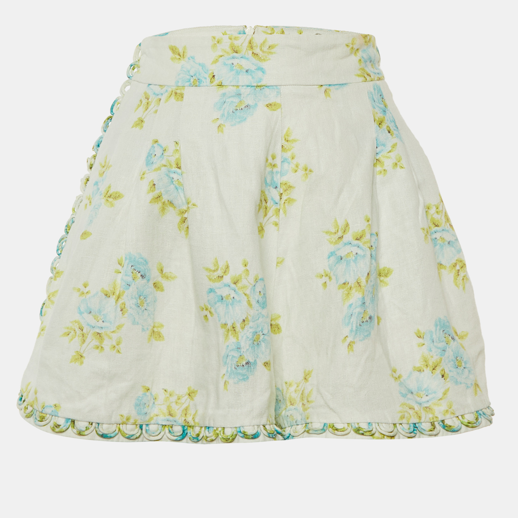 Pre-owned Zimmermann White Floral Print Linen Whitewave Pleated Shorts M