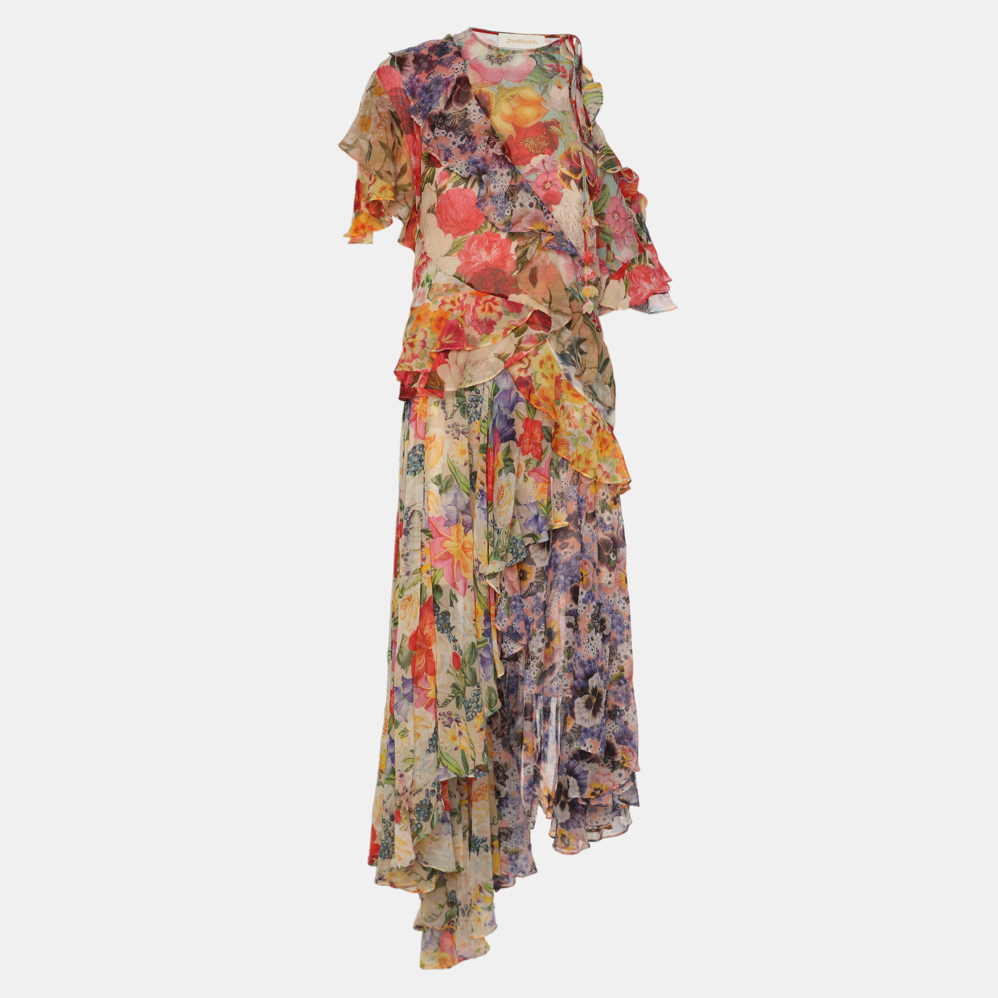 

Zimmermann Multicolor Floral Print Chiffon Wonderland Flounce Midi Dress