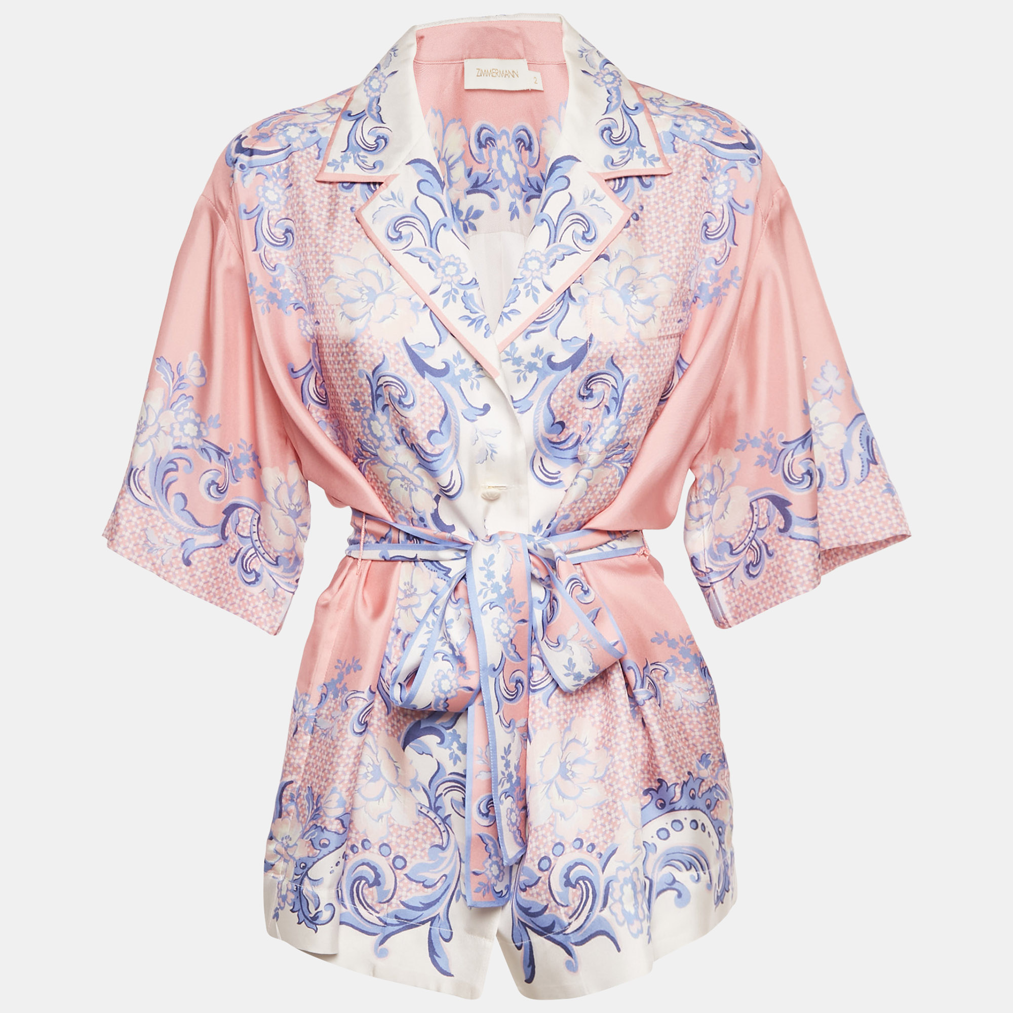 

Zimmermann Pink Printed Silk Postcard Belted Top M
