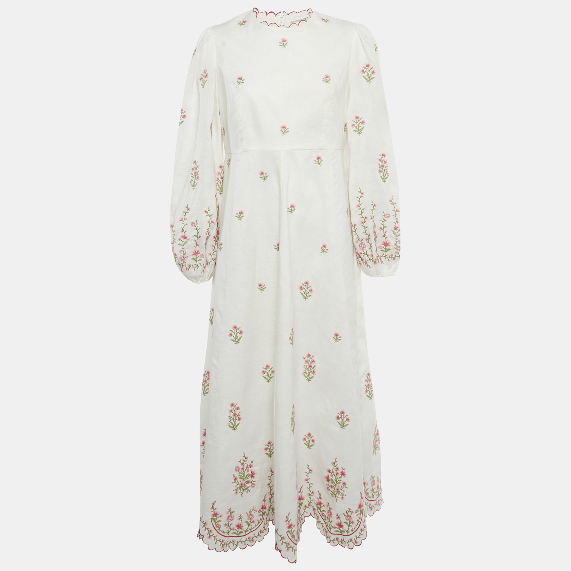 Pre-owned Zimmermann White Floral Embroidered Linen Midi Dress L