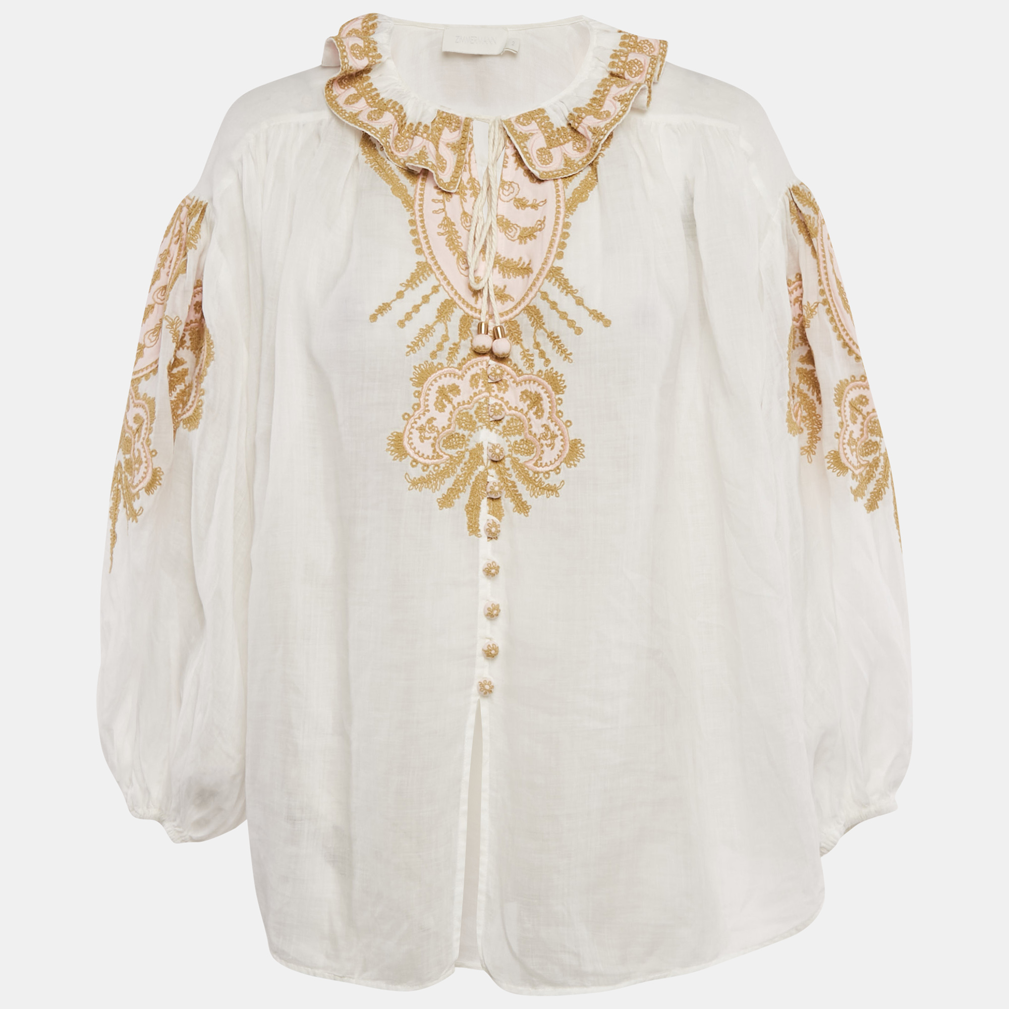 Pre-owned Zimmermann White Embroidered Ramie Blouse M