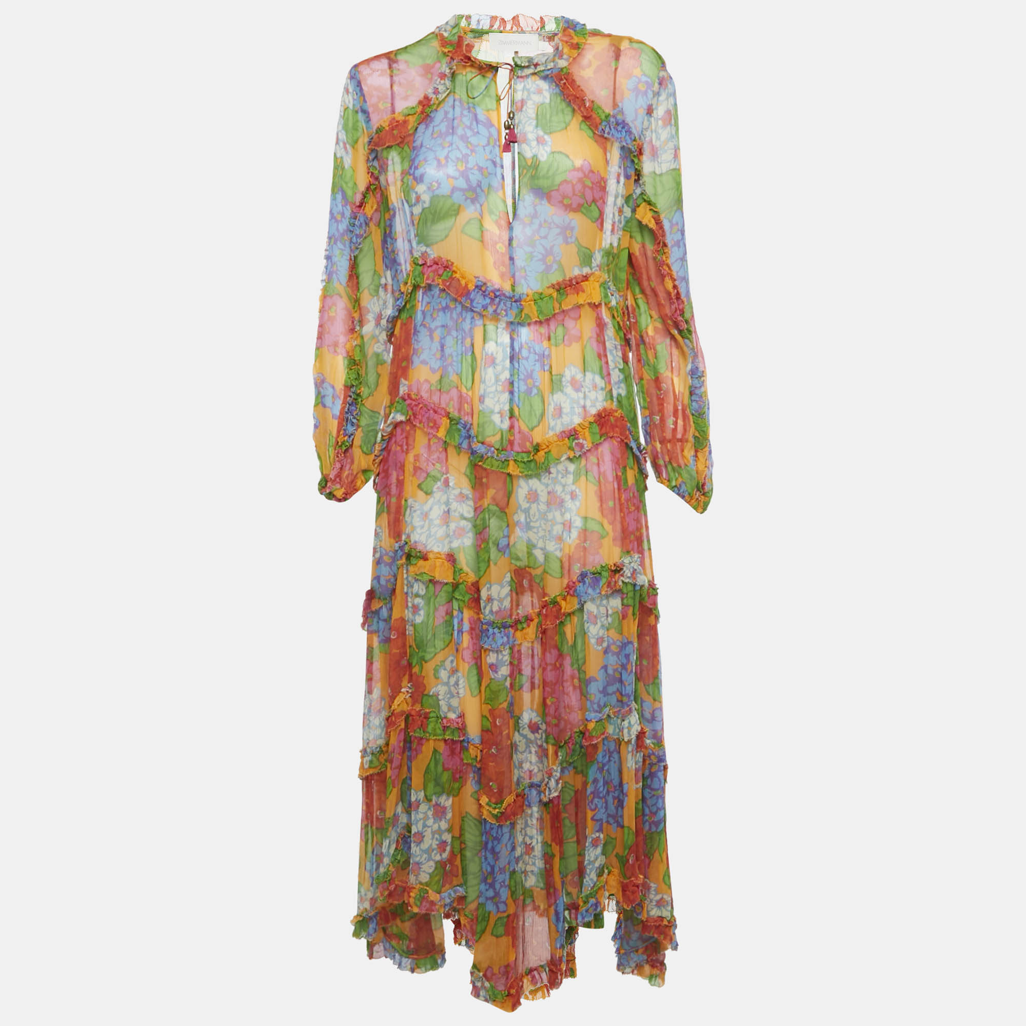 Pre-owned Zimmermann Multicolor Floral Print Crinkle Silk Maxi Dress M