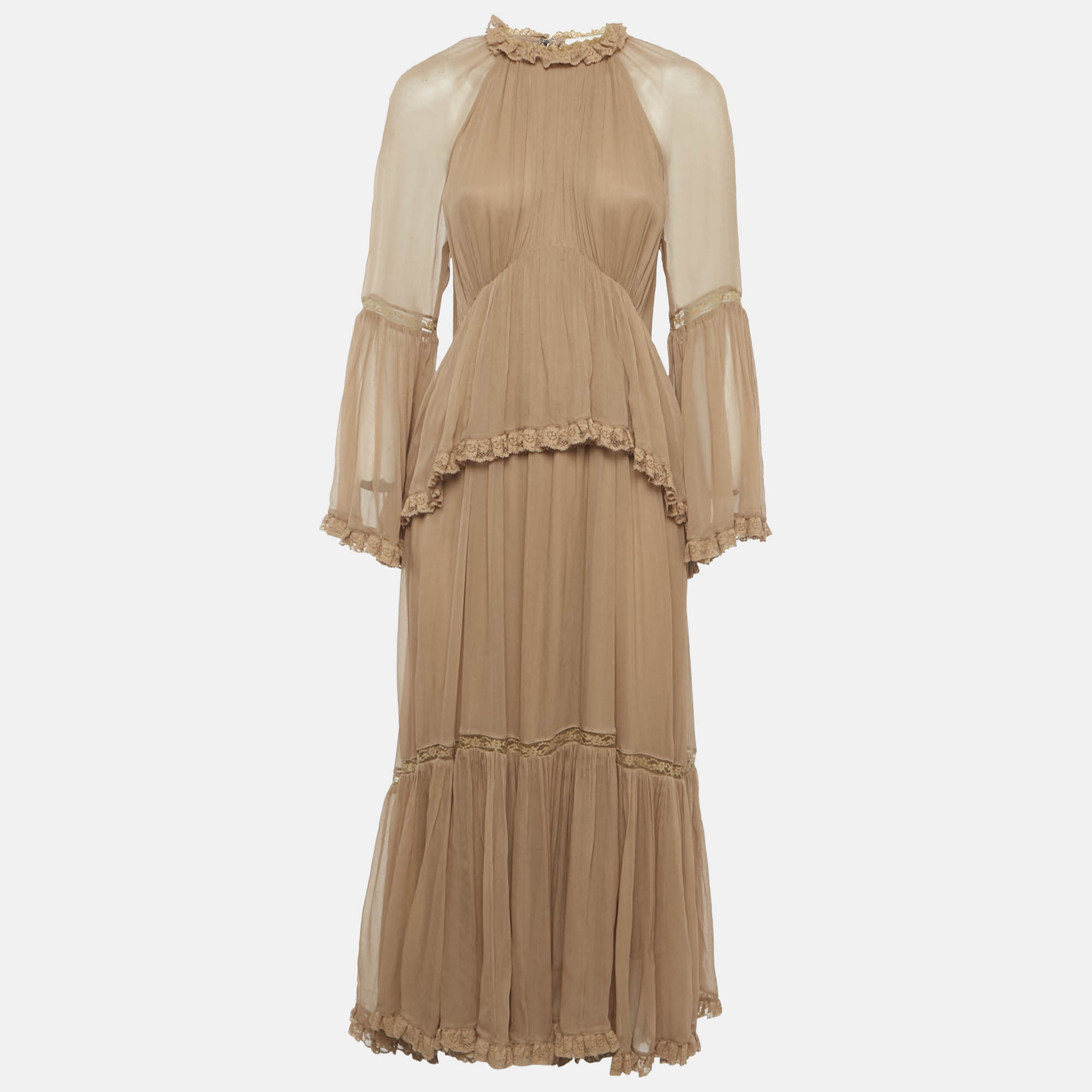 

Zimmermann Brown Crepe Lace Detail Tiered Midi Dress M