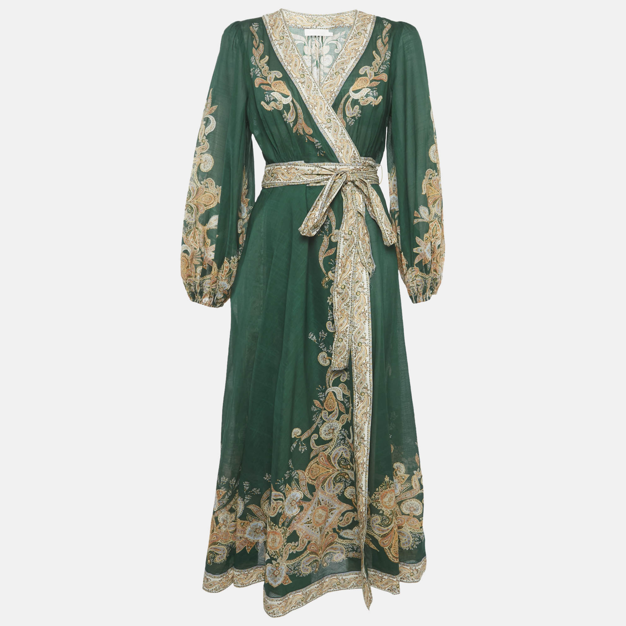

Zimmermann Green Devi Print Cotton Wrap Dress M