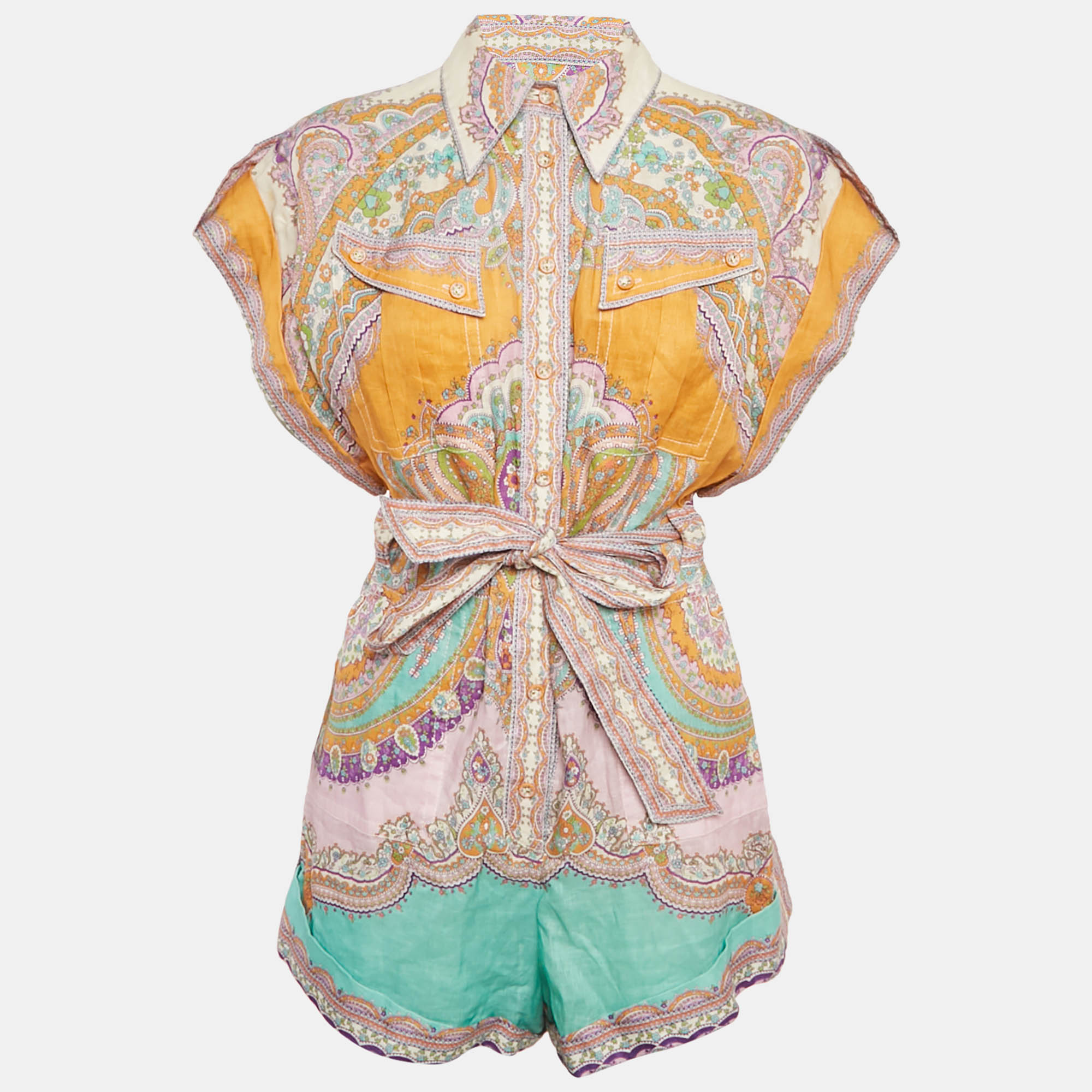 Pre-owned Zimmermann Multicolor Printed Linen Lola Cuffed Playsuit M