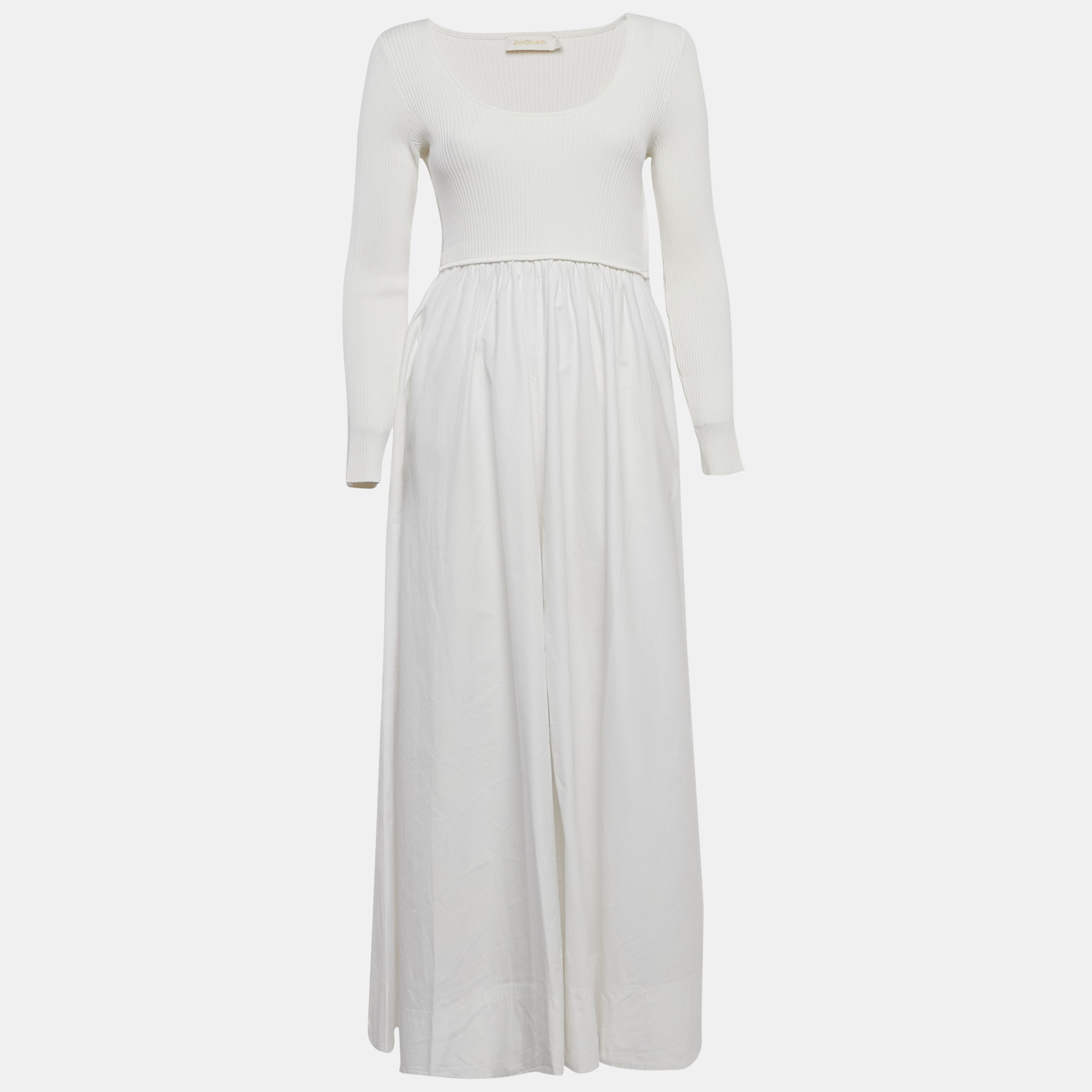 

Zimmermann White Rib Knit and Poplin Scoop Neck Long Dress M