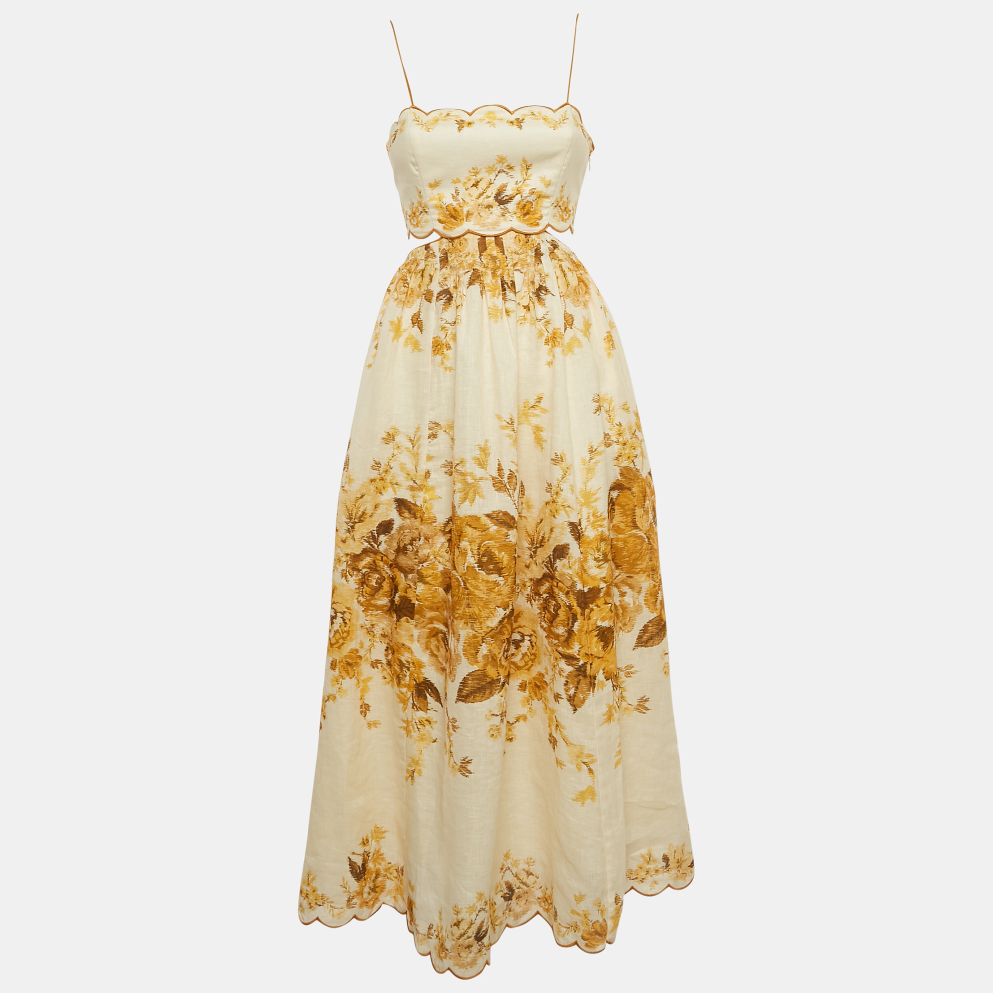 Pre-owned Zimmermann Yellow Floral Print Linen Cut-out Midi Dress M