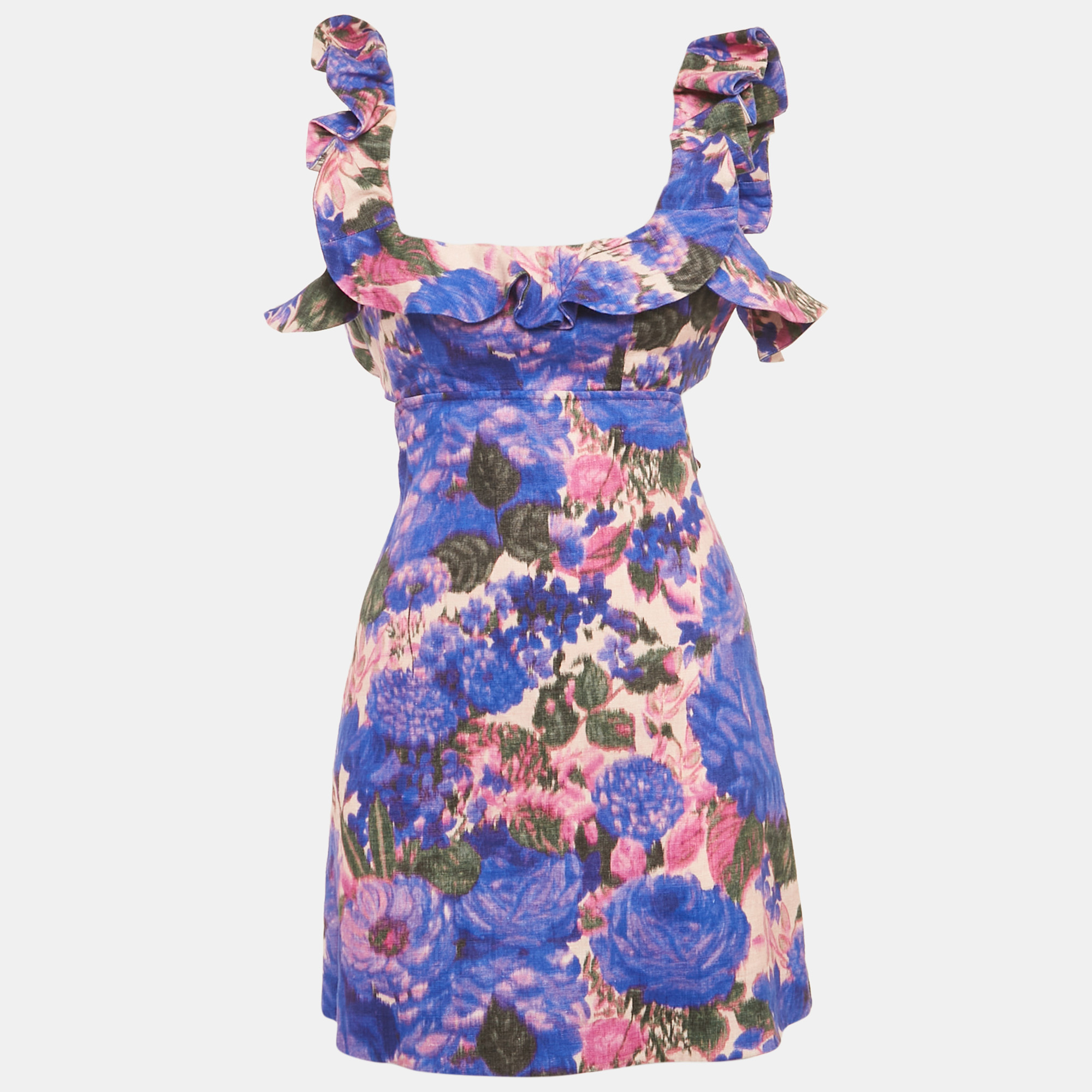 

Zimmermann Purple Floral Linen High Tide Frilled Mini Dress S