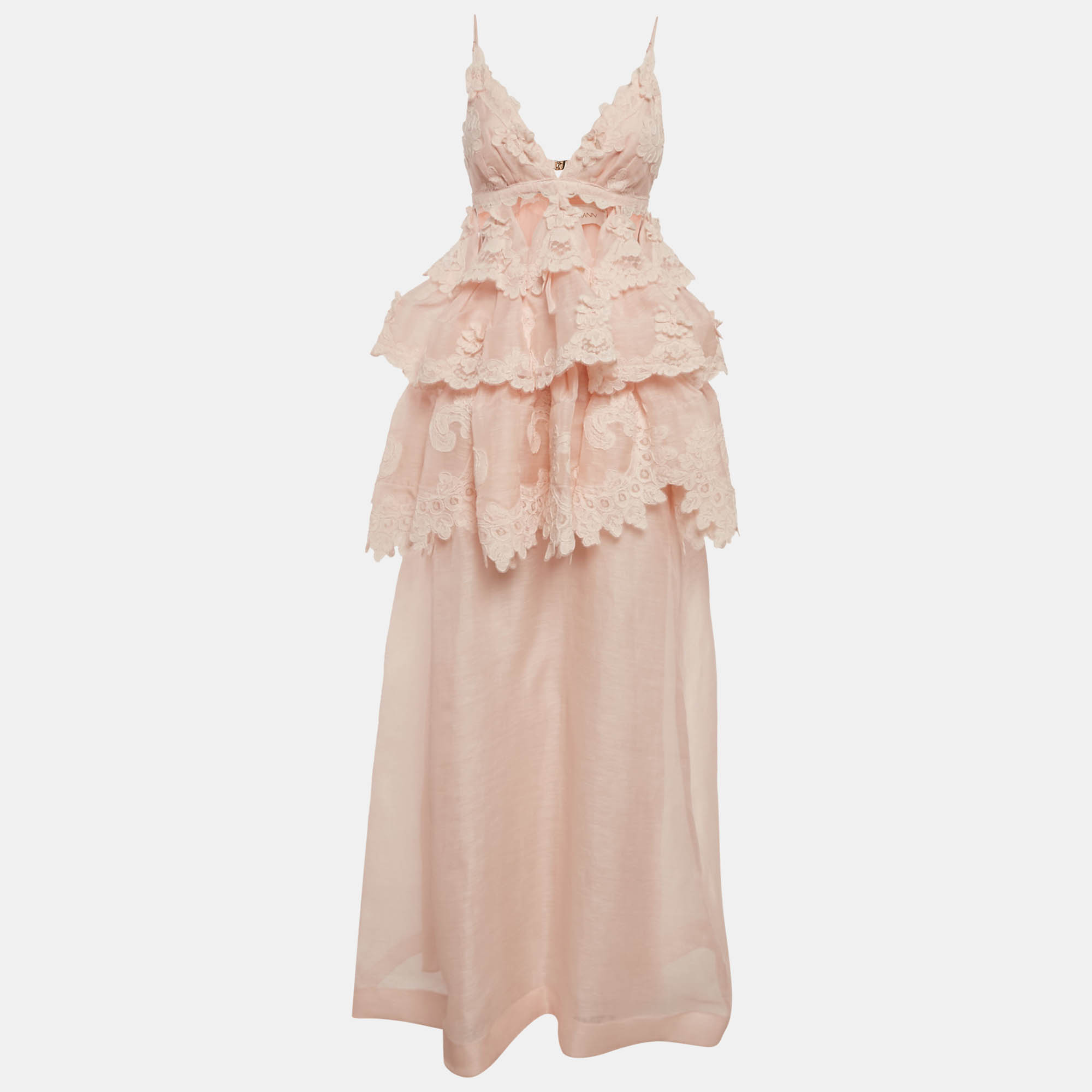

Zimmermann Light Orange Linen Blend Tiered Lace Maxi Dress M