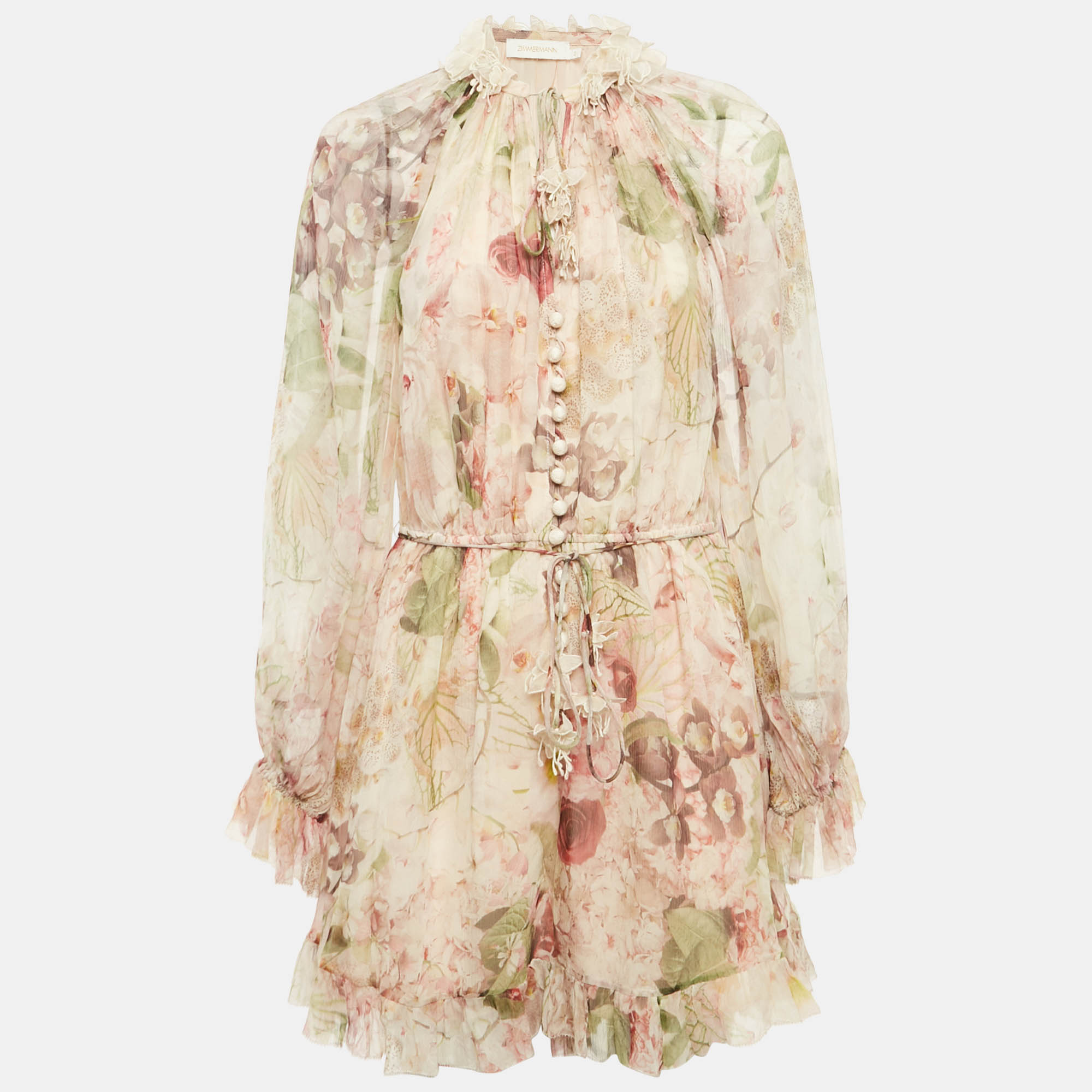 

Zimmermann Pink Floral Print Silk Dancer Flutter Playsuit L