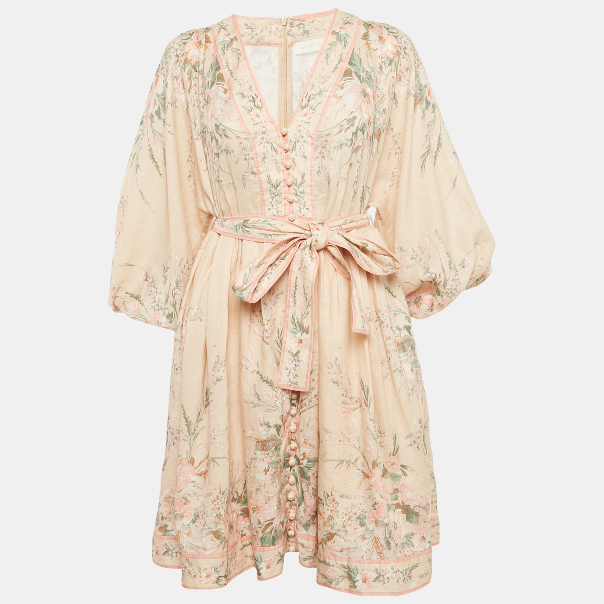 

Zimmermann Pink Floral Print Linen Mini Dress L, White