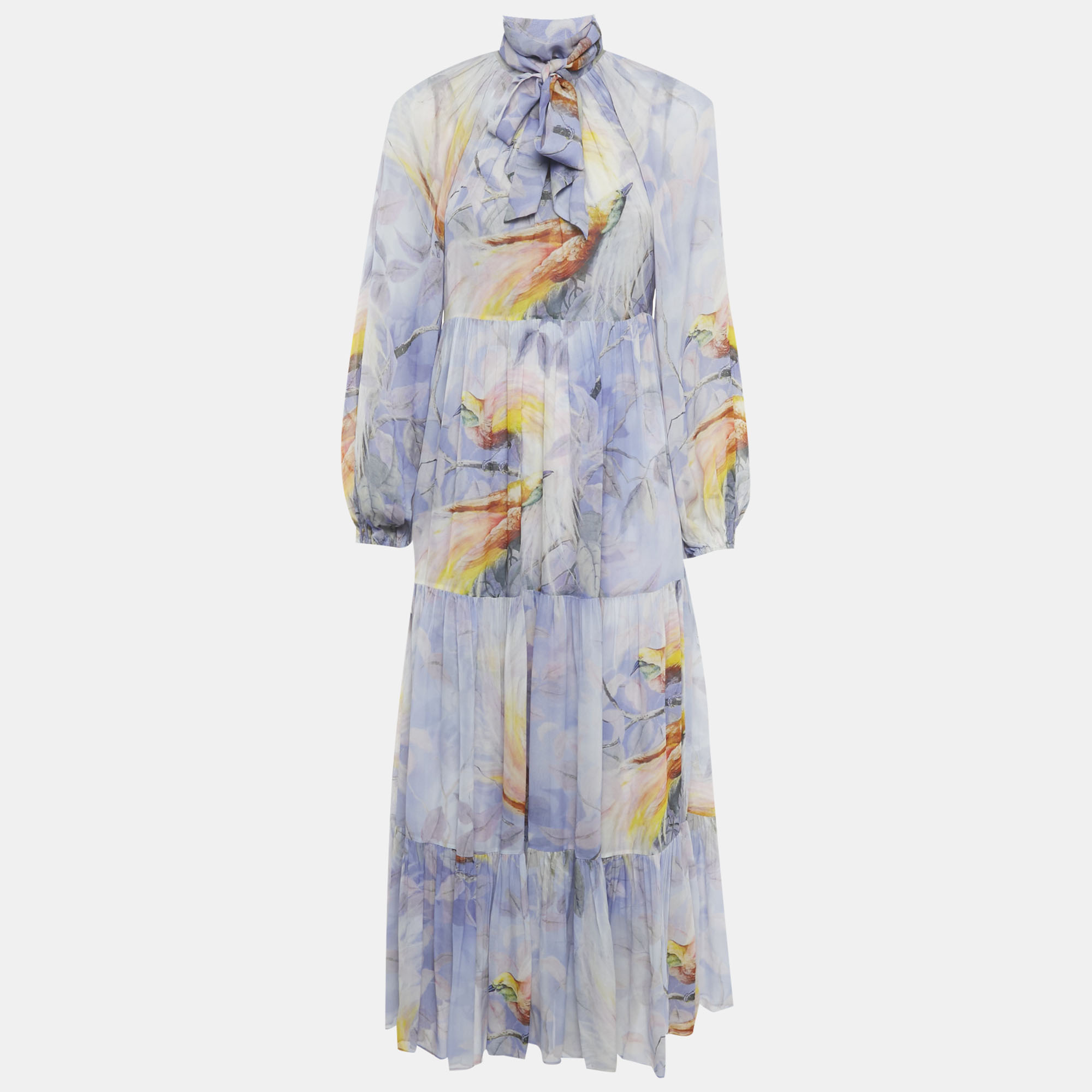 

Zimmermann Purple Floral Print Crepe Self Tie Stand Collar Dress M