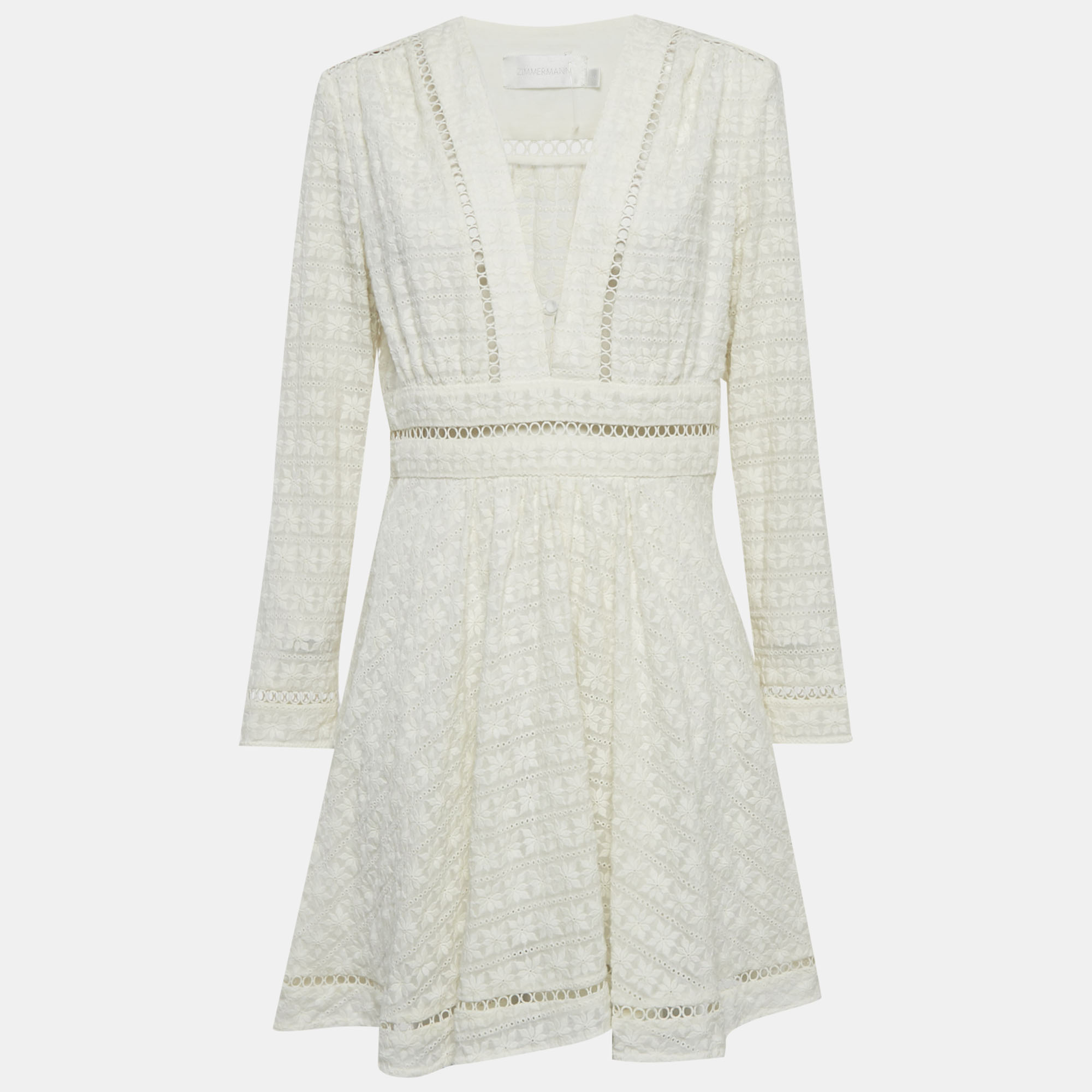

Zimmermann Cream Zephyr Broderie Cotton Plunge Neckline Mini Dress L