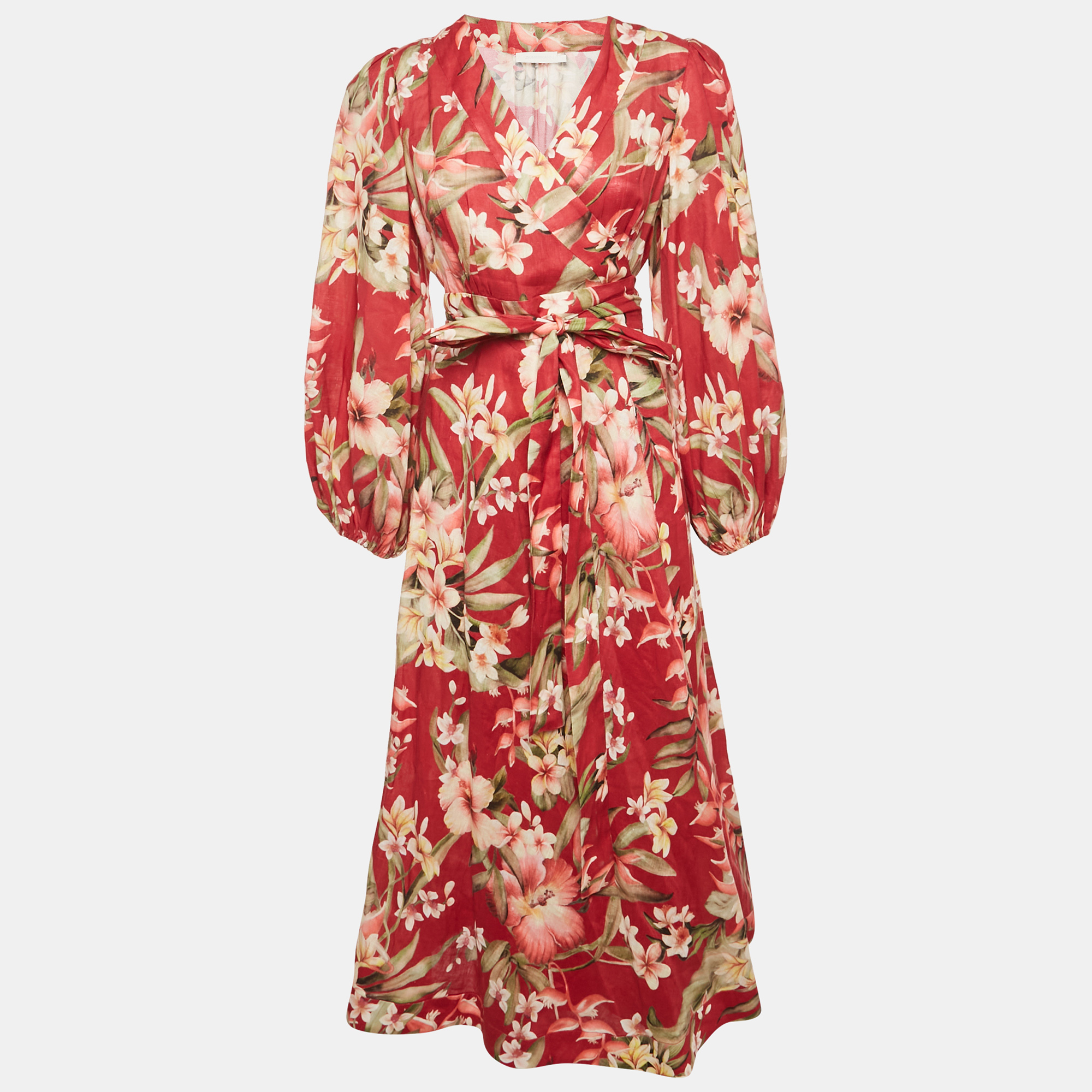 

Zimmermann Red Floral Print Linen Lexi Wrap Dress L