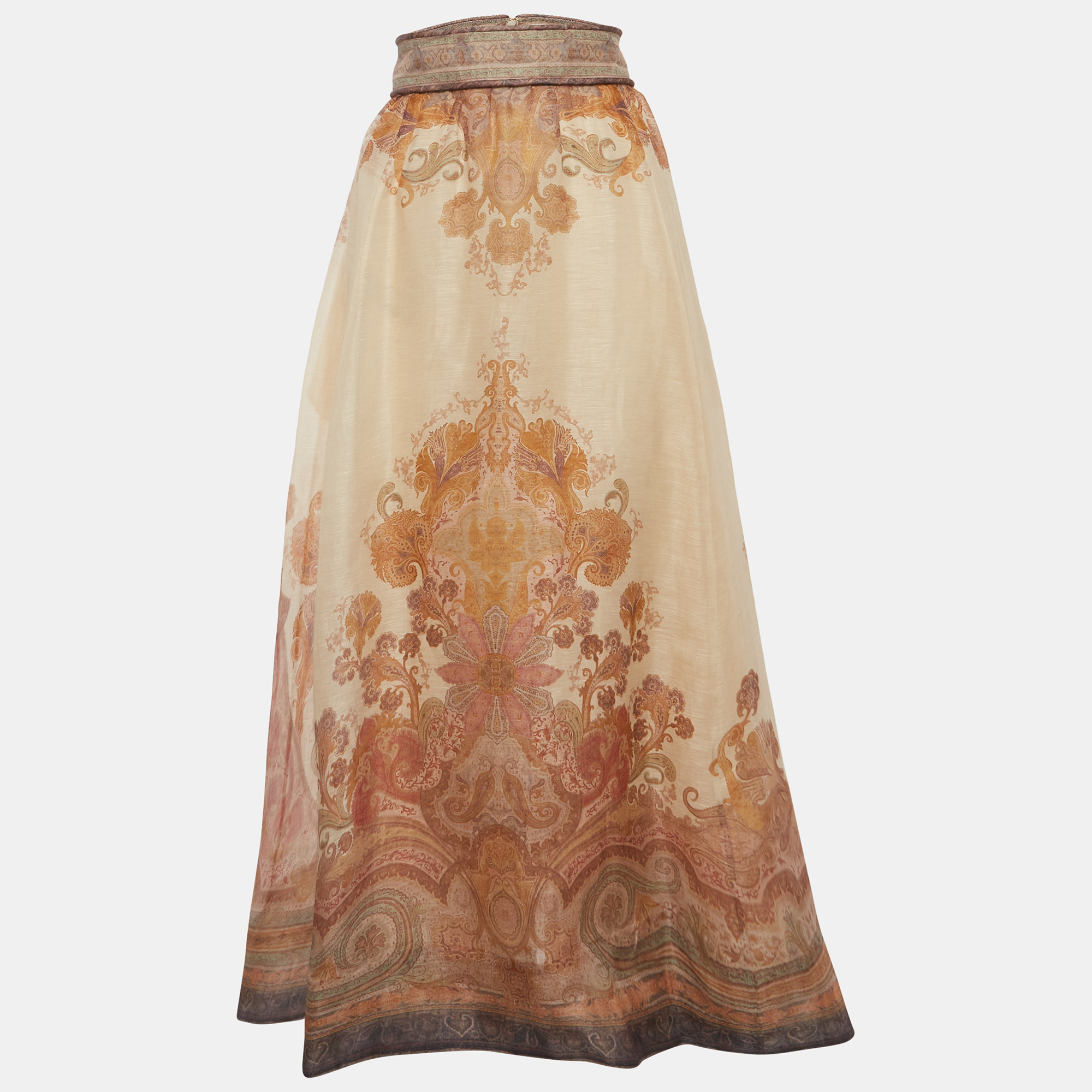 

Zimmermann Beige Paisley Print Linen Blend Illustration Midi Skirt L