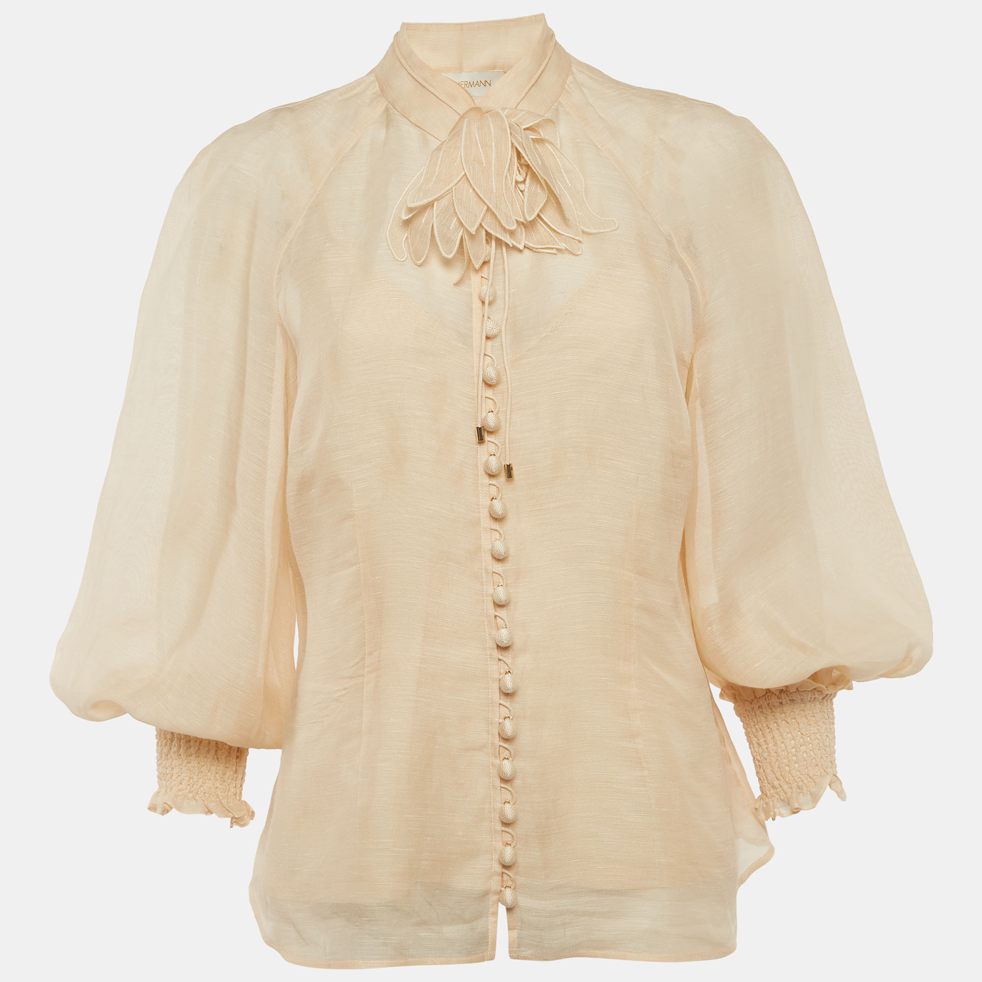 Pre-owned Zimmermann Beige Linen Blend Floral Applique Buttoned Blouse L In Sand