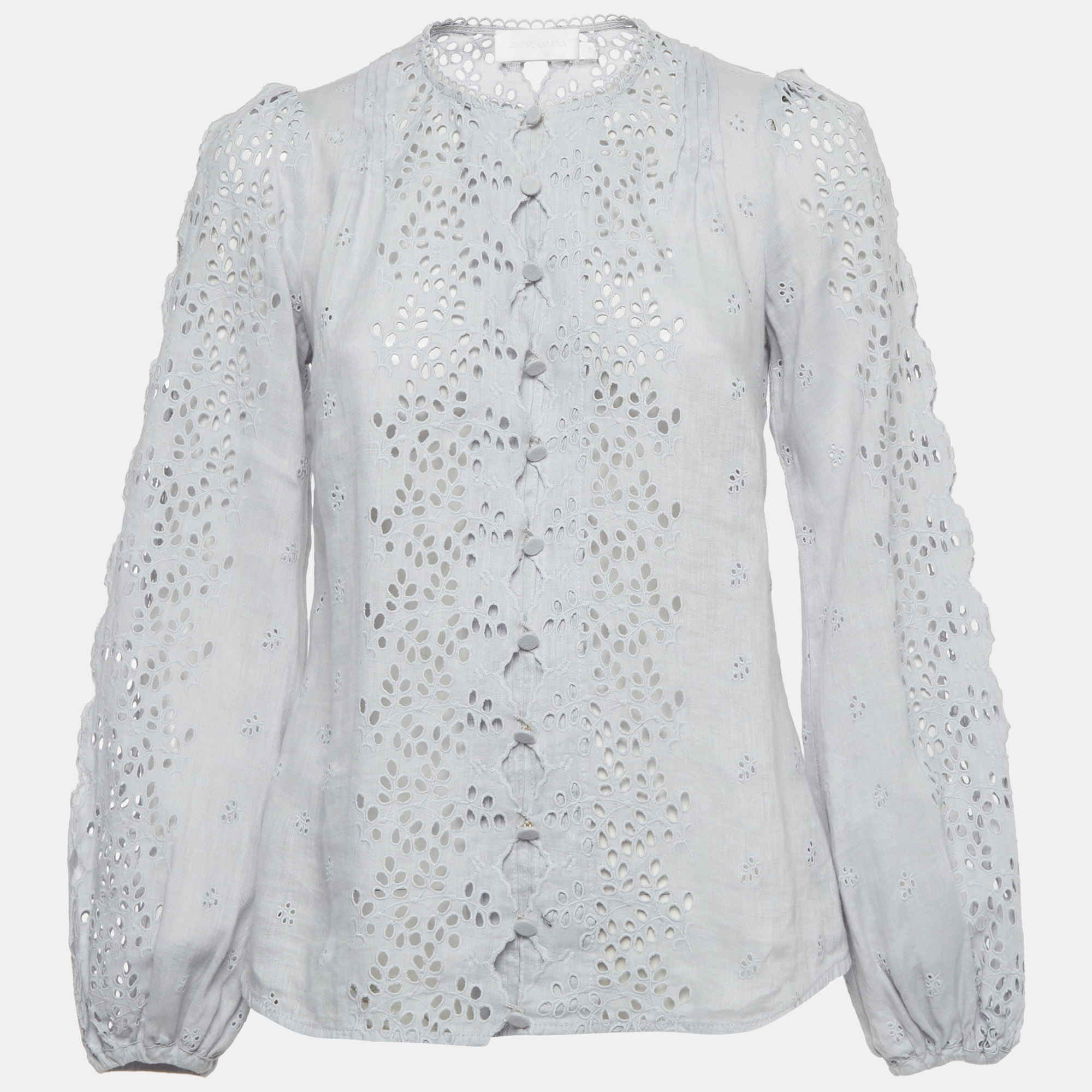 Pre-owned Zimmermann Light Blue Linen Iris Broderie Anglaise Long Sleeve Top S