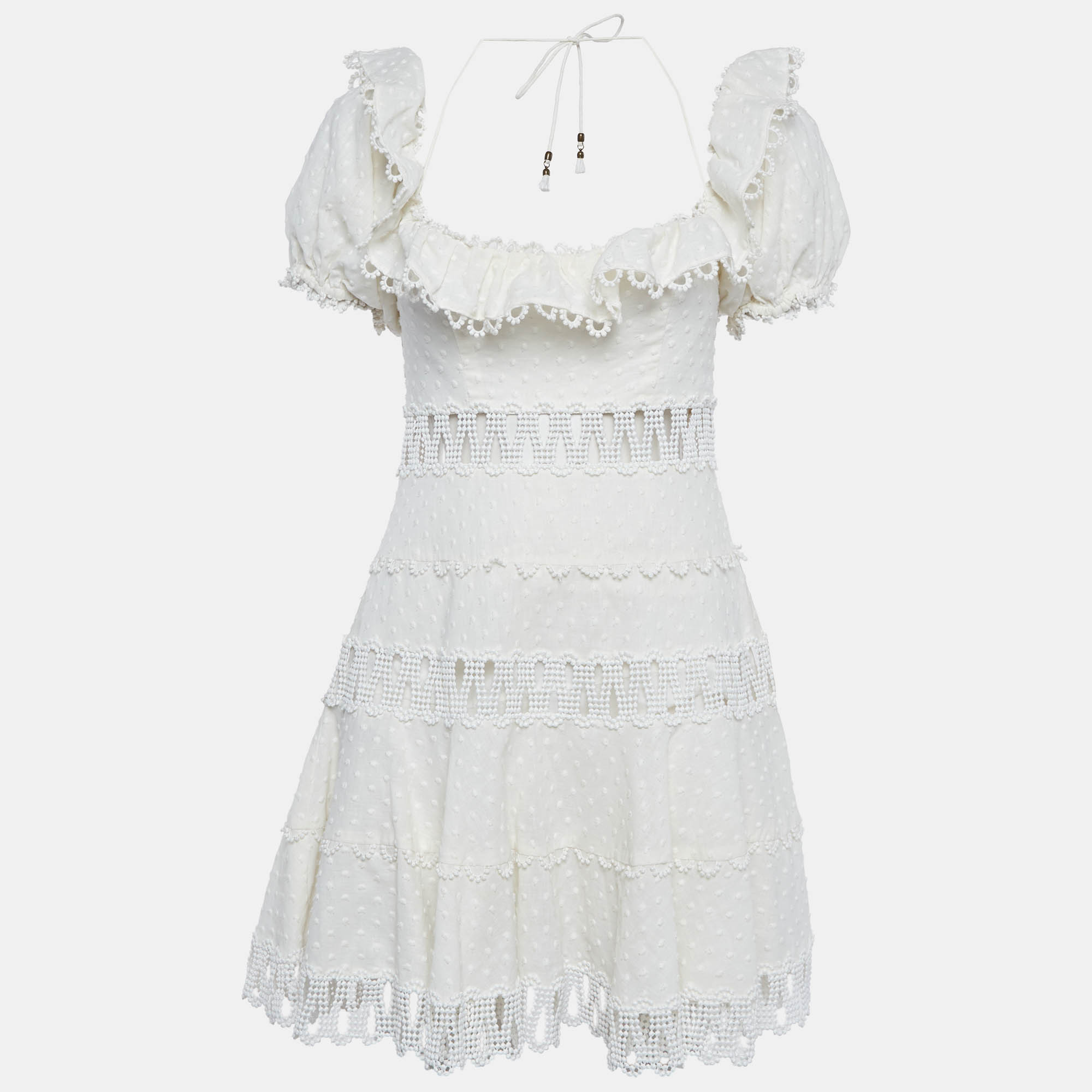 

Zimmermann White Linen Blend Paneled Melody Off Shoulder Mini Dress M