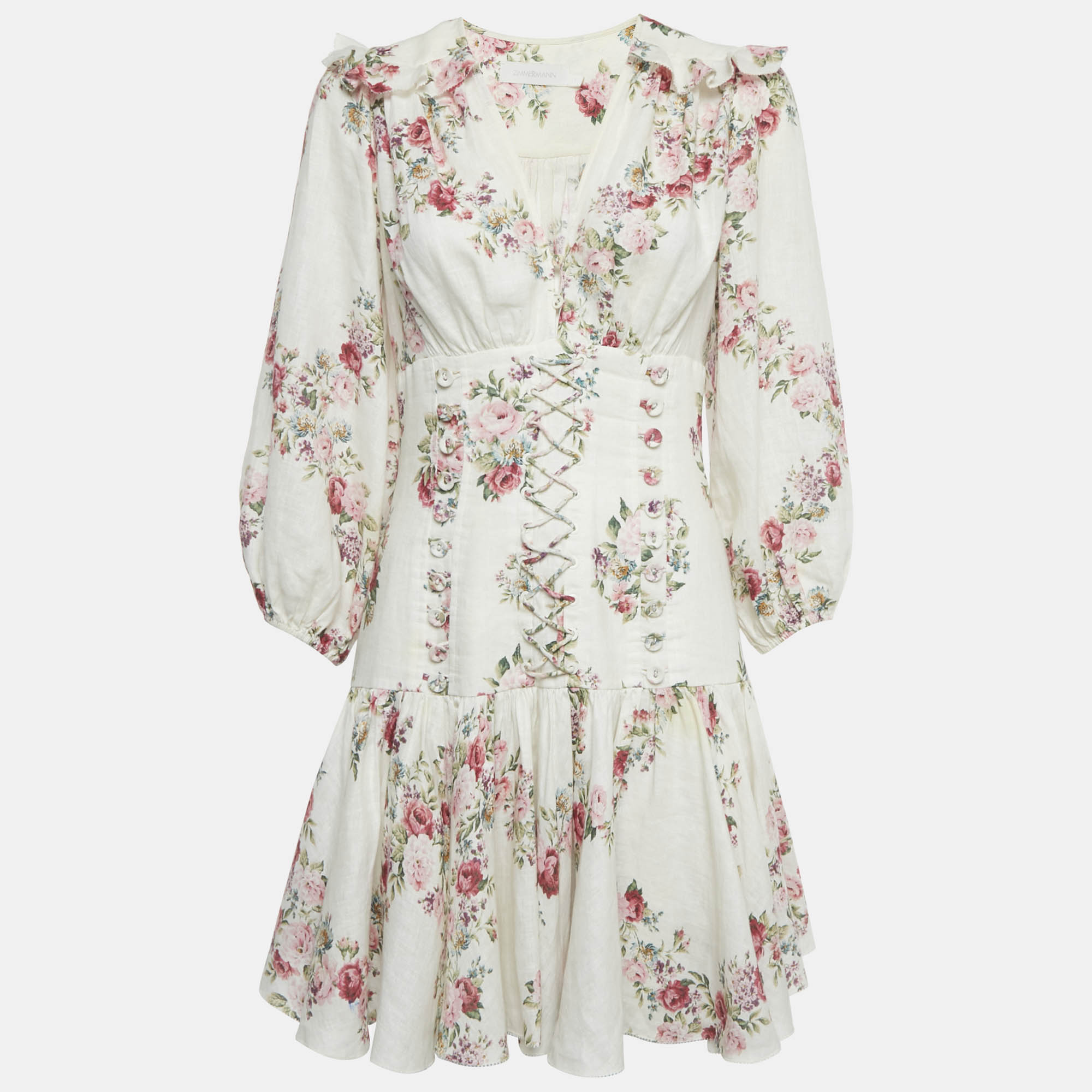 Pre-owned Zimmermann White Floral Print Lace-up Mini Dress Xs